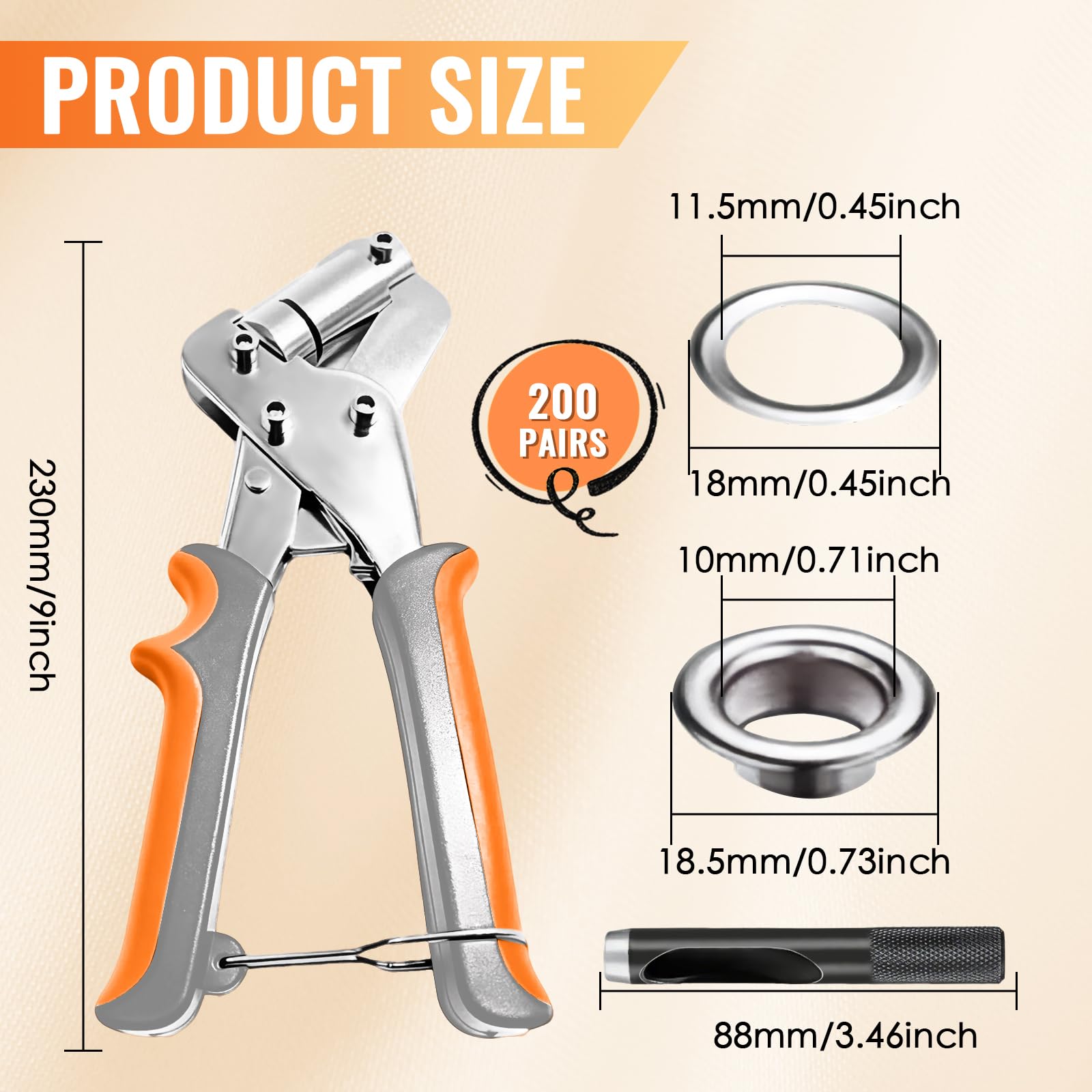 Pince à Oeillets Métalliques Kit, Pince perforeuse avec 200 Oeils de Ø 10 mm, Pinces a Oeillet Magnétique, pinces a oeillets pour baches Tissus Cuir Carton Affiches Bannières