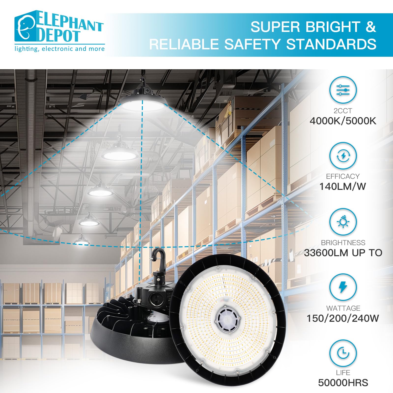 UFO Led High Bay Light with Motion Sensor 150 200 240W 21000 28000 33600lm 2CCT 4000K 5000K 0-10V — view 2
