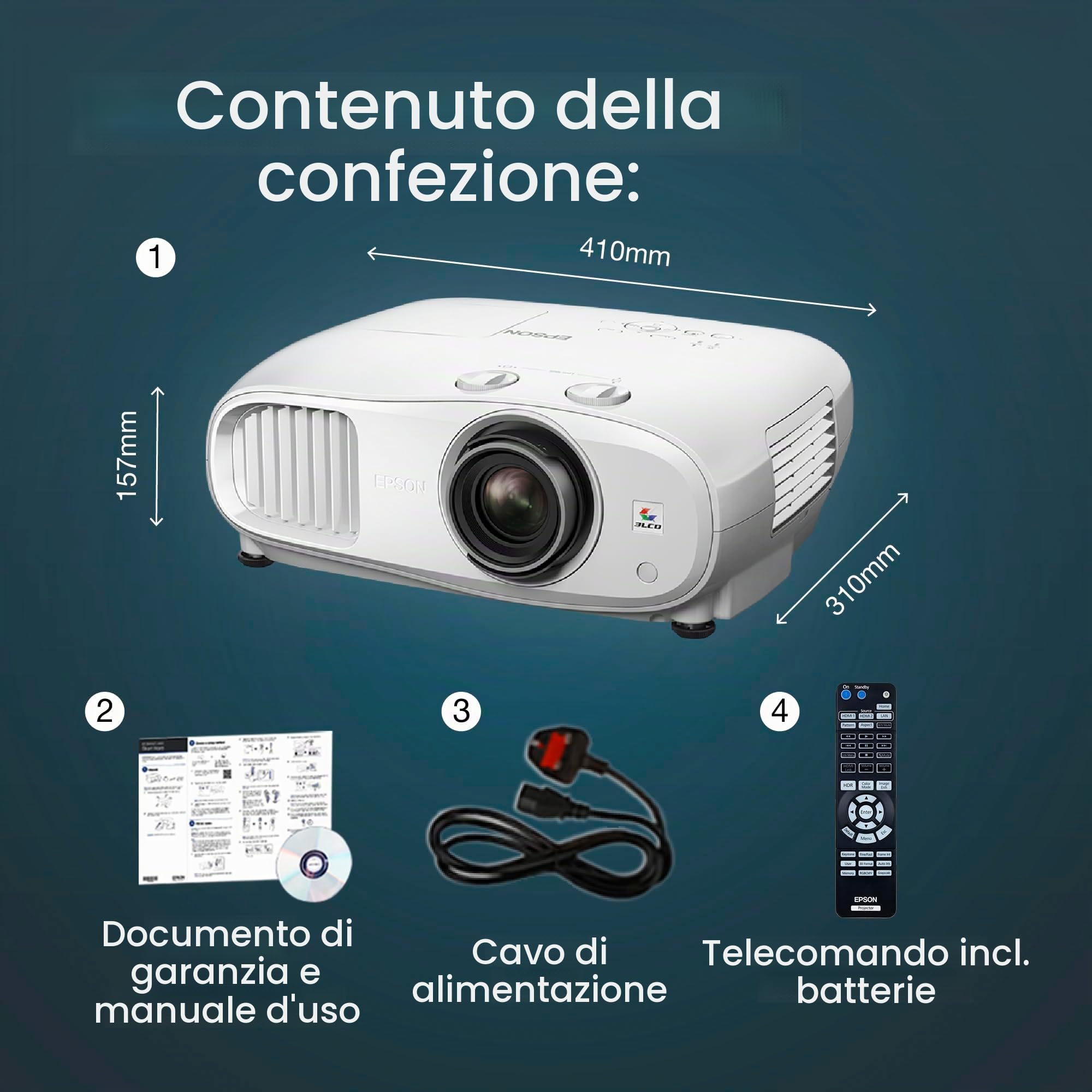 Epson EH-TW7100 3LCD, 4K PRO-UHD, 3000 lumen, display da 500 pollici, ampia gamma di spostamento dell'obiettivo, proiettore Home Cinema, streaming e gaming, bianco