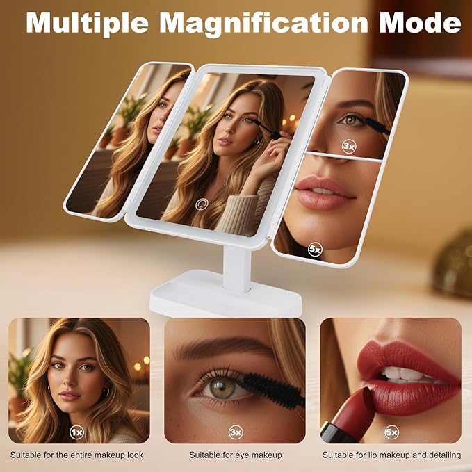 Espejo de Maquillaje Plegable Triple LED con Luz Ajustable miniatura 3