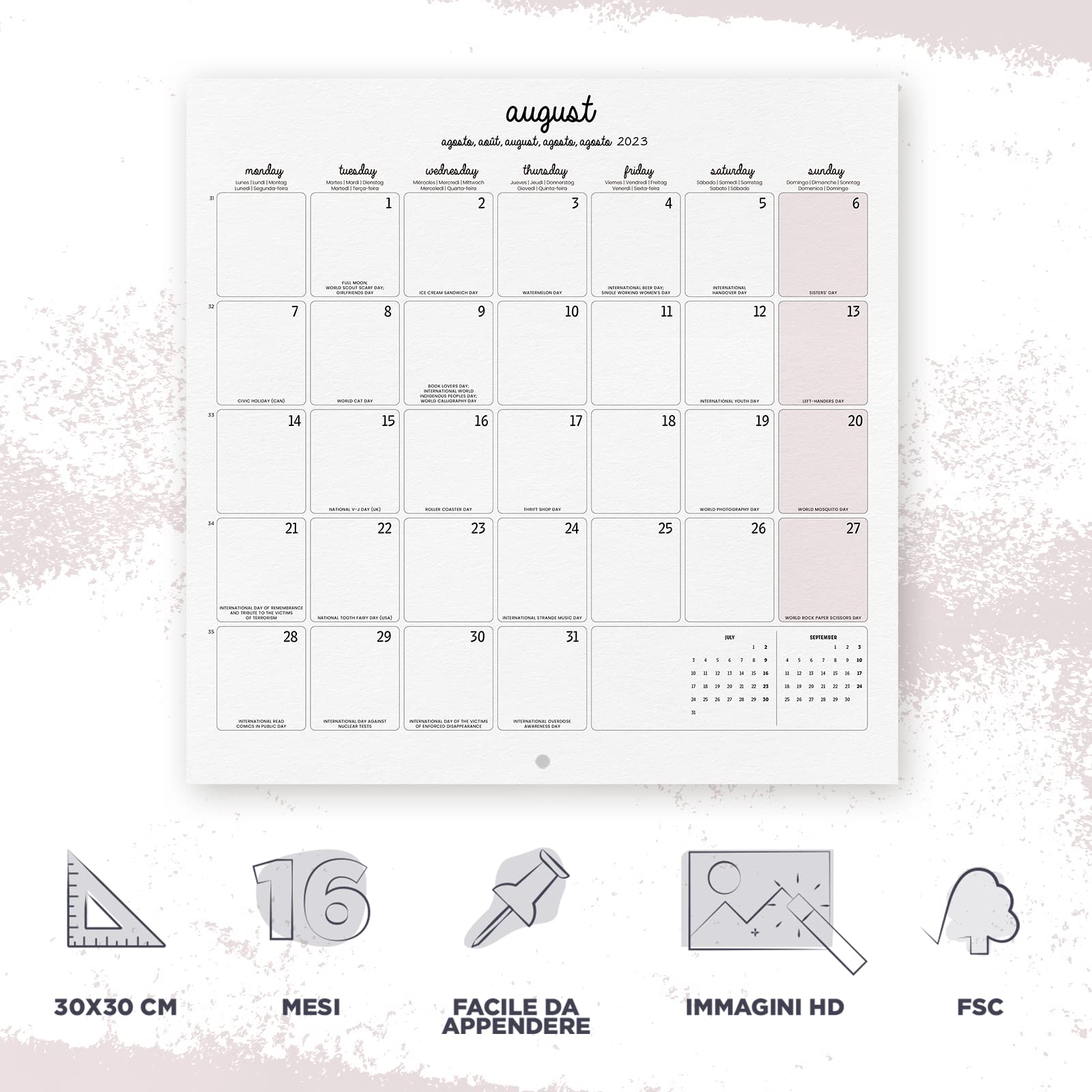 Calendario Da Muro 2023 Art Nouveau - 12 Mesi + 4 Omaggio, 30x30 Cm, Stile Francese - Foto 7