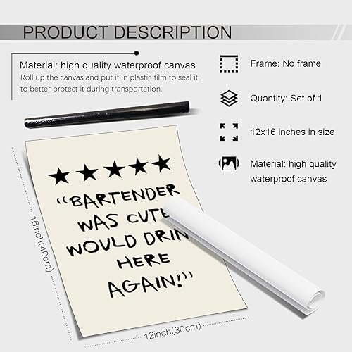Miniatura 2 de CAXIYSH Lienzo divertido para pared, diseño retro de moda, carteles, barman, con texto en inglés "Was Cute Would Drink Here Again", impresiones para