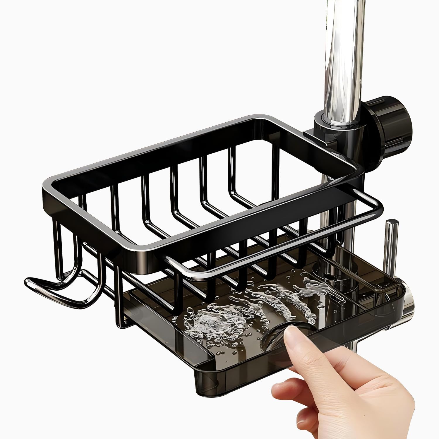 KOOTAU Kitchen Sink Faucet Organizer, Adjustable Sponge Holder & Drain Rack for Kitchen & Bathroom, Black Plastic, Countertop Mount, Drying Rack