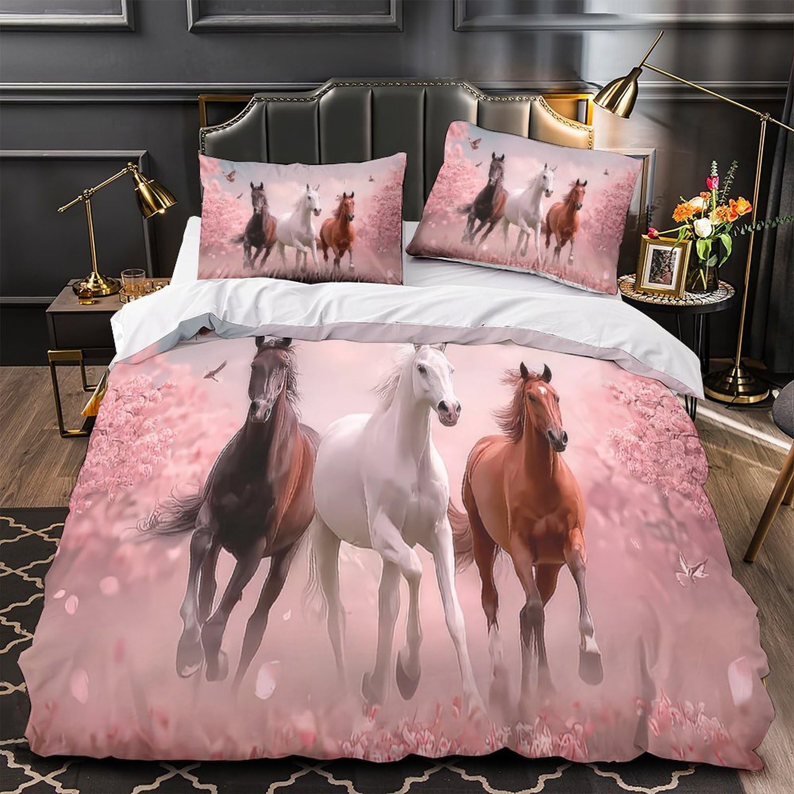 Lit enfant style chevaux au galop 3D : housse de couette microfibre résistante pour chambre d'ado