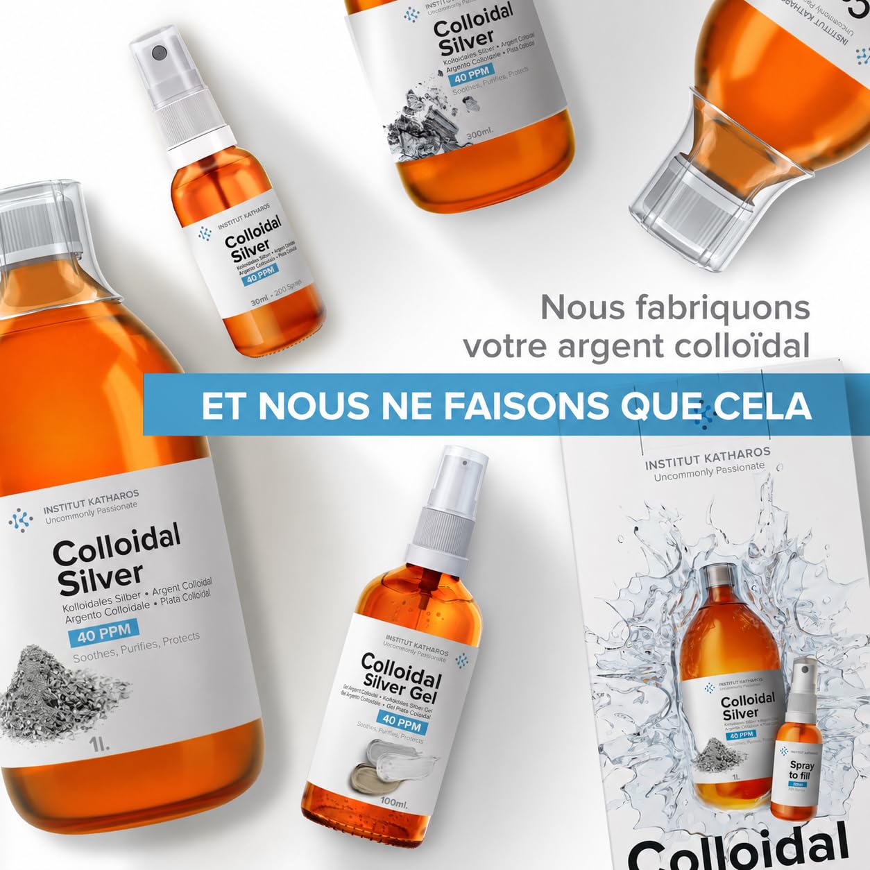 Argent Colloïdal 300 ml - 40 PPM - Bouchon Doseur et Spray 30ml à Remplir - Fabriqué en France