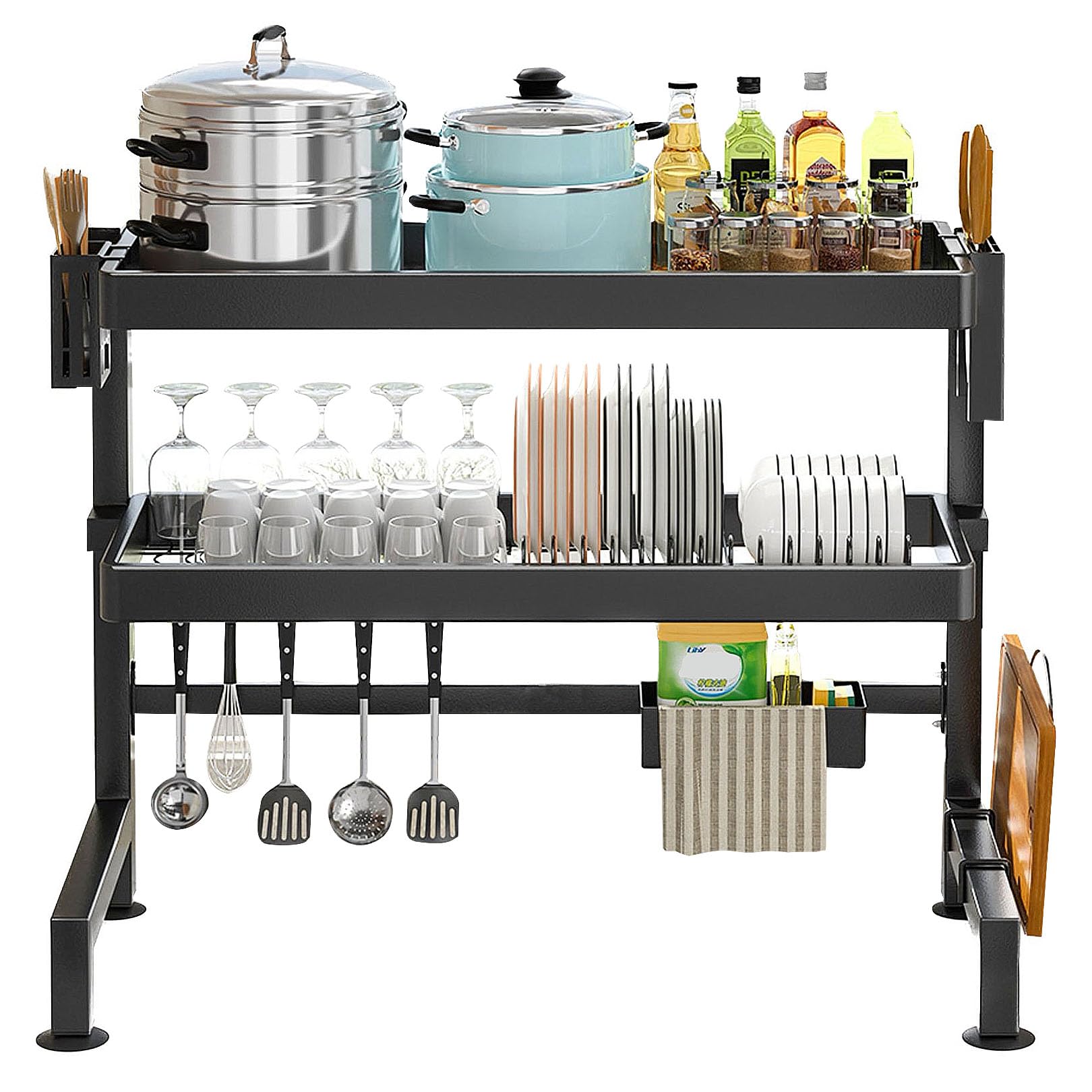 Escurridor de platos negro sobre el fregadero con soporte para utensilios, escurridor de encimera de cocina que ahorra espacio para platos, vasos y utensilios, elegante diseño negro, acero