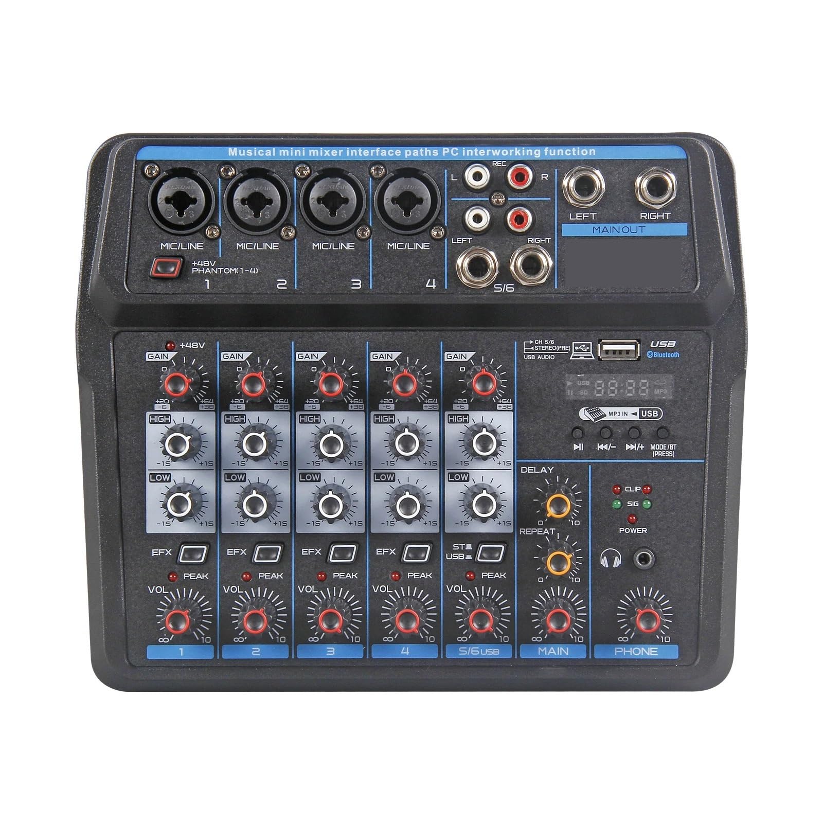 Konsola DJ-ska Aduio Mixer z kartą dźwiękową Bluetooth do nagrywania na komputerze, mikrofonu i miksowania instrumentów. Interfejs dla Profesjonalistów