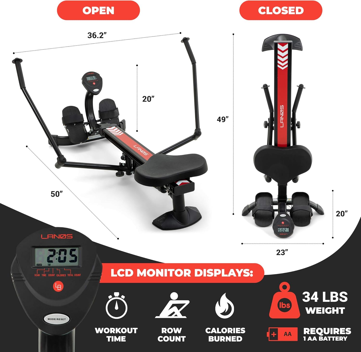 Lanos Hydraulic Rowing Machine | Adjustable Resistance | Rowing Machines for Home Use | LCD Monitor | Compact for Home Workout | Tone Muscle Improve Heart Health