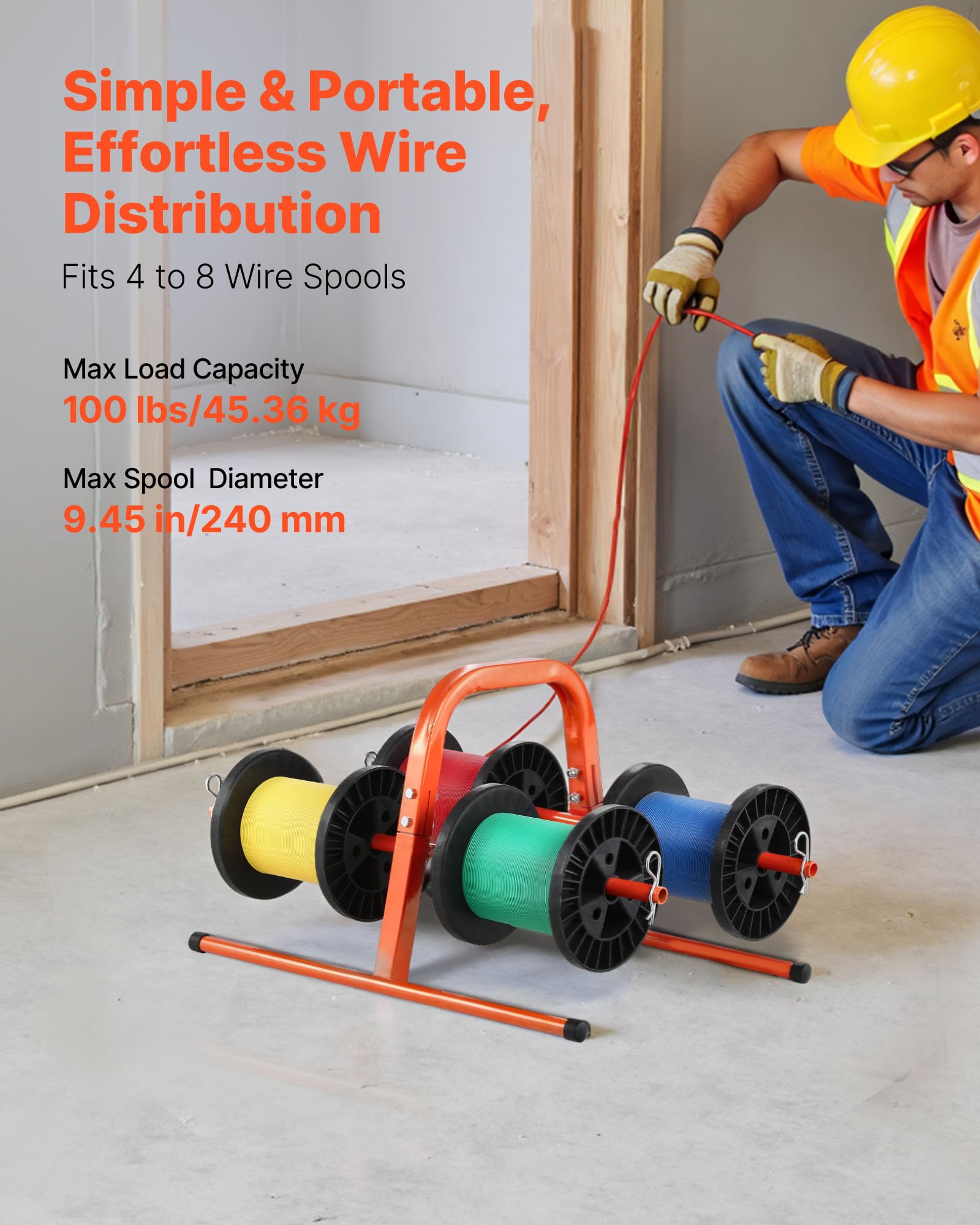 VEVOR Wire Spool Rack, 100 lbs Capacity, Smart Hand Caddy, Heavy-Duty Steel Wire Dispenser Holder for Up to 8 Spools, MAX 9.45 in Diameter, Easy Lift Design for Electrical Industrial and Retail Use