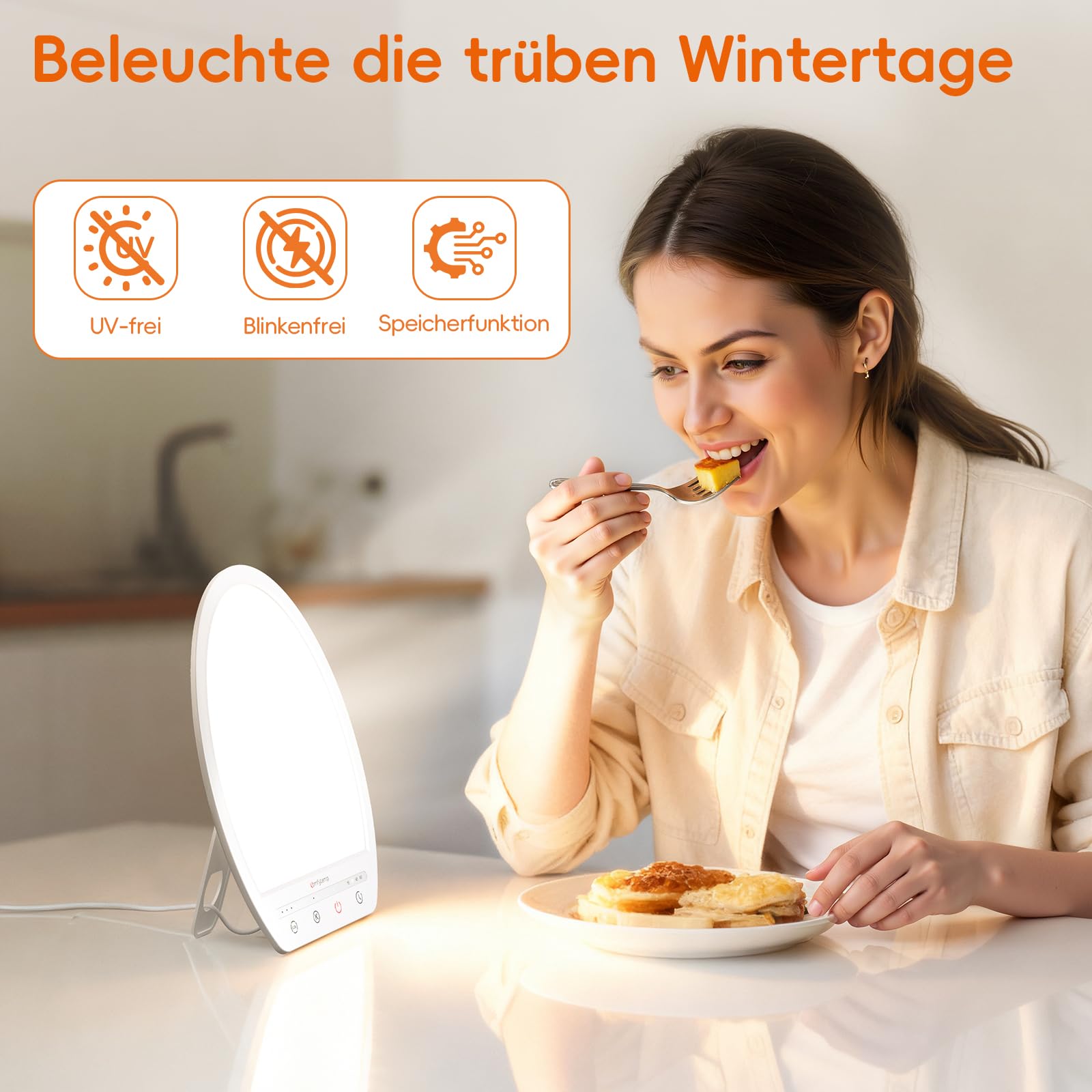 Comfytemp Tageslichtlampe Schreibtisch 16.000 Lux Sonnenlicht Lampe,UV-Frei Lichttherapie 19x24cm Simulation von Tageslicht für Verbessert Schlaf Stimmung Konzentration mit Speicherfunktion