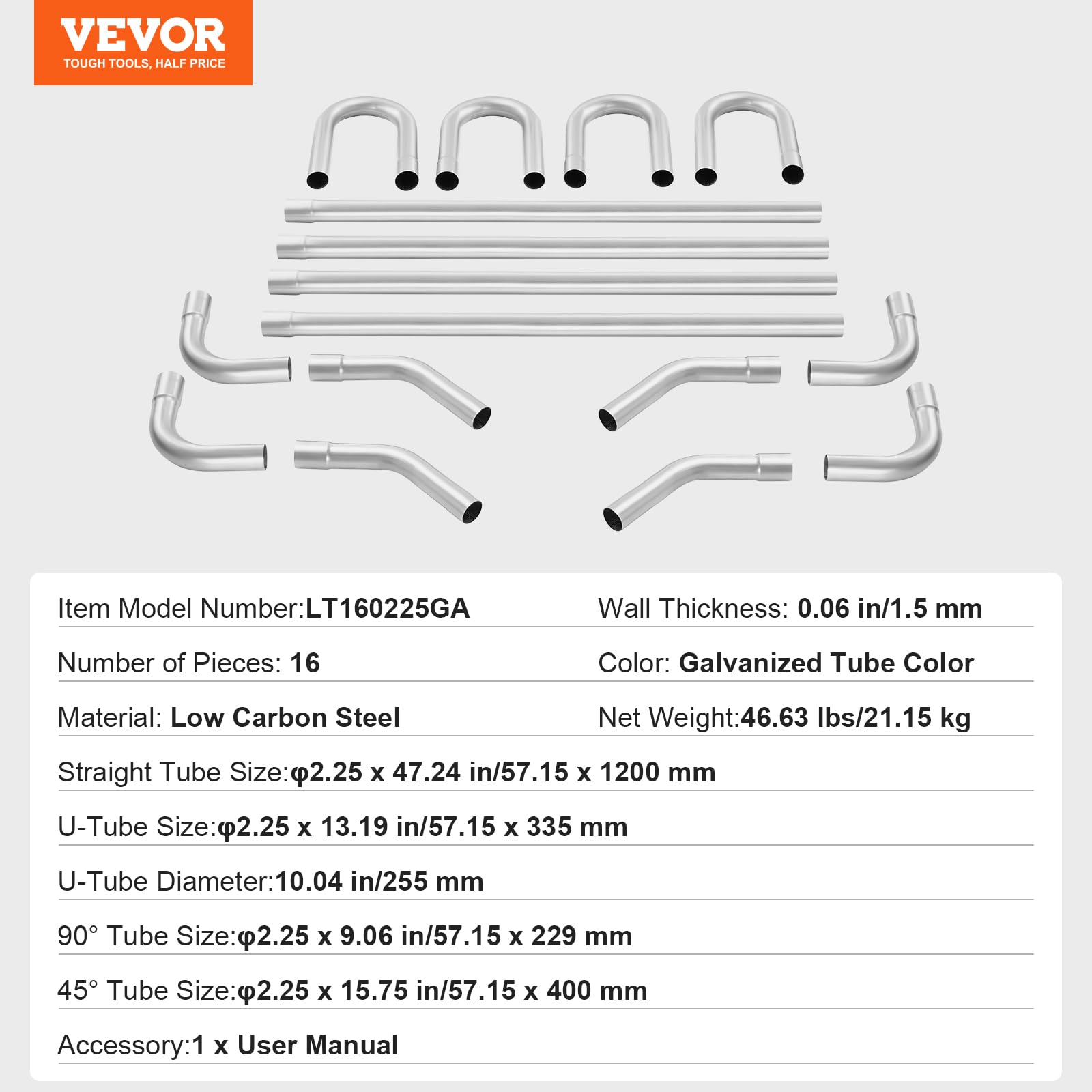 VEVOR Auspuff-Set 16-teilig DIY Universal Auspuff aus verzinktem Stahl 57,15 mm mit Steckverbindung & großem Auspuffrohr, rostfreies Auspuffrohr für Abgassystem, für Garage Autowerkstatt 4S-Laden