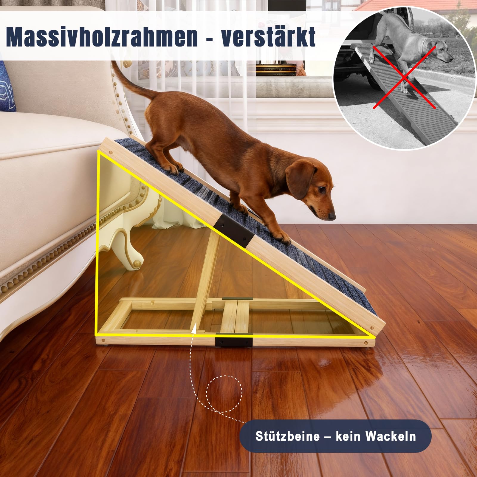 Hunderampe aus Holz – höhenverstellbar und klappbar für kleine und mittelgroße Hunde, rutschfest für Bett, Sofa und Auto, leicht und tragbar für Innen und Außen