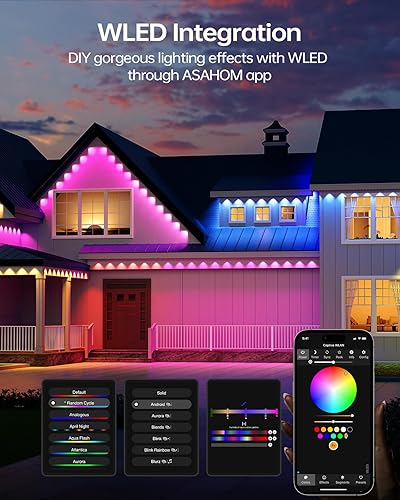 Miniatura 6 de ASAHOM Luces permanentes para exteriores Pro, 100 pies con 72 LED RGBCW y doble salida, integración WLED, 70 lm blanco, iluminación AI, combinación