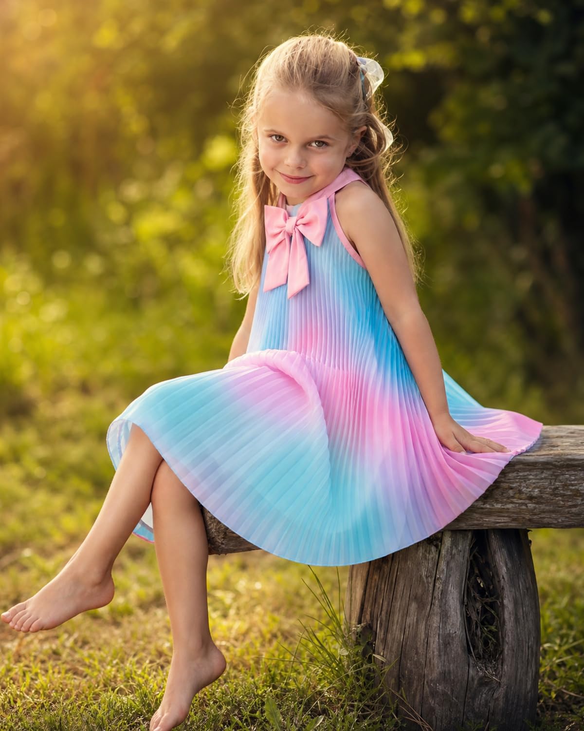 FishingDino Vestito estivo da bambina 3-8 anni, senza maniche, con scollo all'americana e punto smock, abito in tulle con fiocco e cerniera