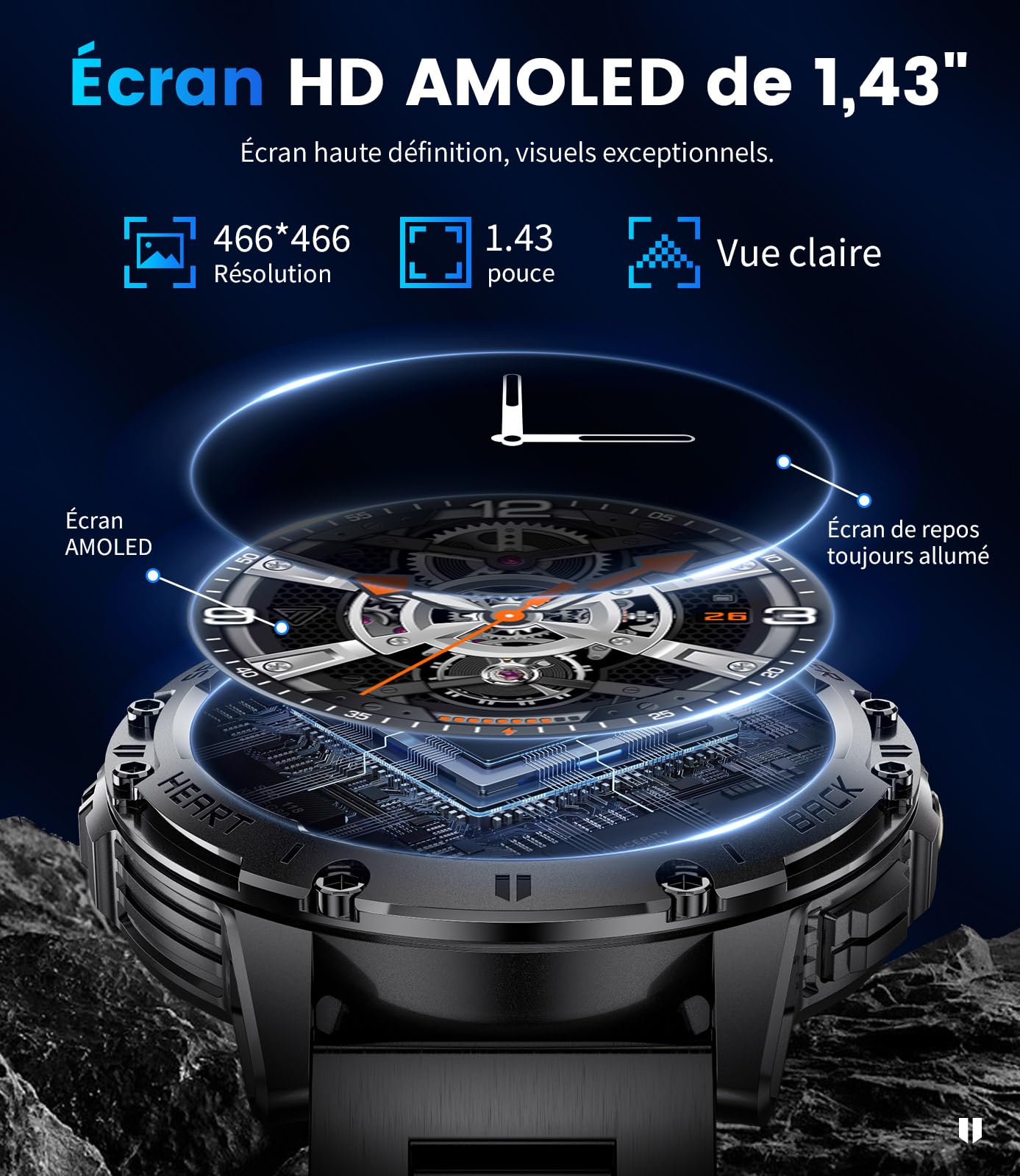 Montre Connectée Homme avec Appels Bluetooth/530 mAh, 1,43" HD AMOLED Smartwatch Homme avec 120+ Modes Sportifs/Moniteur de Fréquence Cardiaque/Sommeil/SpO2, IP68 Étanche Podomètre pour Android iOS
