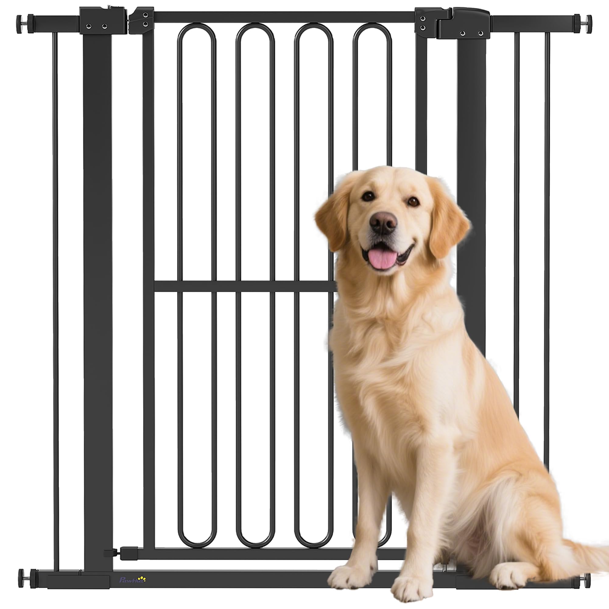 PawHut Barrera de Seguridad para escaleras Barrera de Seguridad para Puertas Barrera de Seguridad sin taladrar 76-104 cm Barrera de Seguridad de Acero para Perros, Mascotas escaleras, Puertas, Negro
