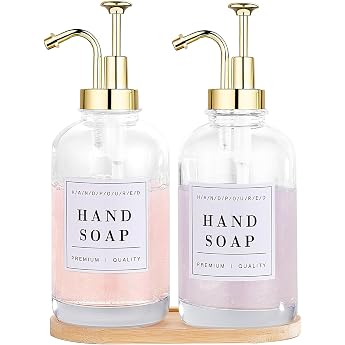 KSITEX Soap Dispenser Set of 2, Glass Bowl and Hand Soap Dispenser Set for Kitchen and Bathroom, Hand Soap and Lotion Dispens