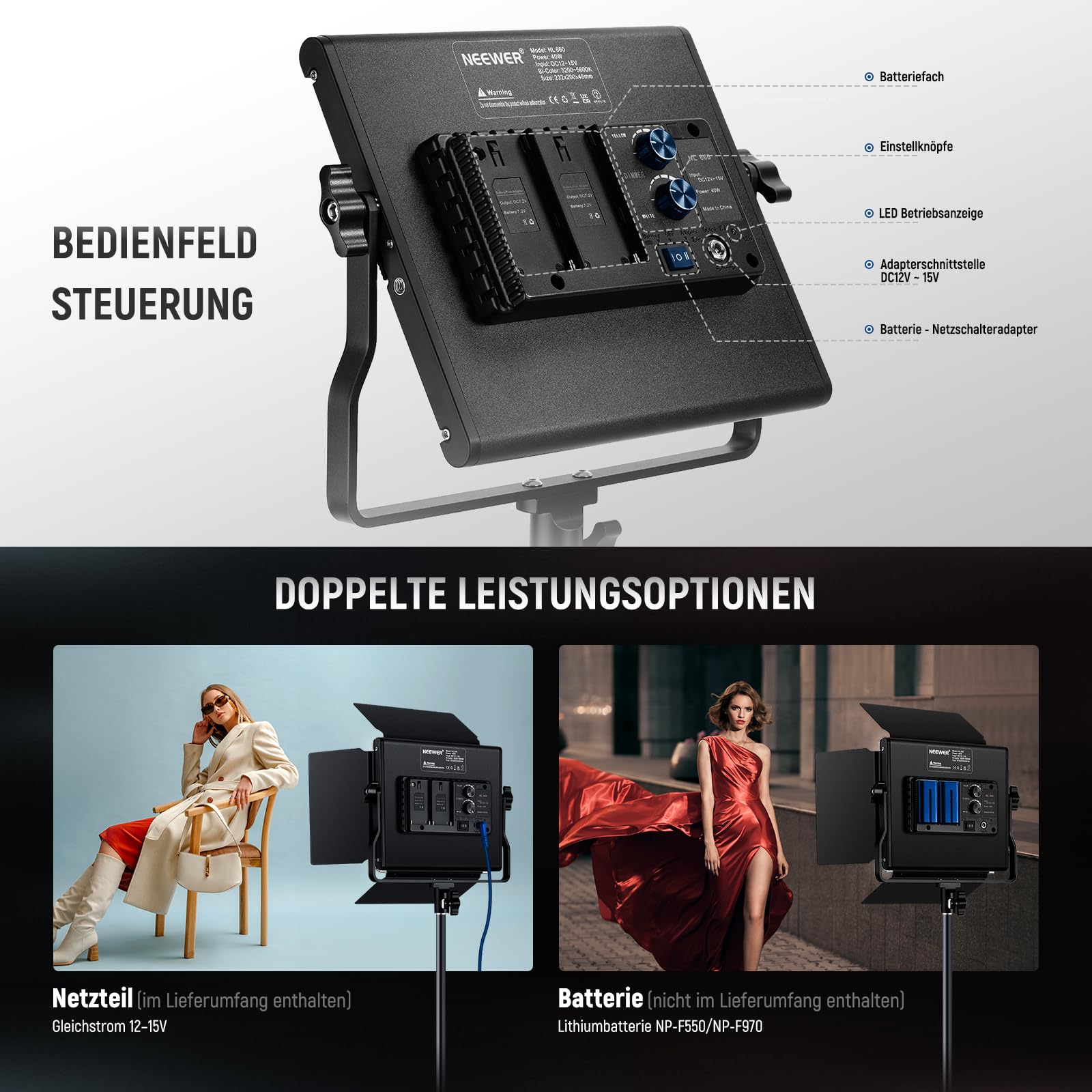 NEEWER 2er Pack zweifarbige 660 LED Videoleuchte und Stativ Set: (2) 3200–5600K CRI96+ dimmbare Beleuchtung mit U Halterung, (2) 75 Zoll Stativ für Studiofotografie und Videoaufnahmen, NL660
