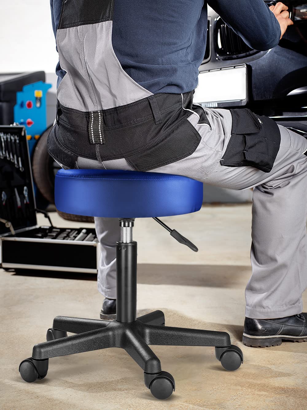CASARIA® 2X Taburete Oficina Giratorio 360° Redondo Ø 35cm con Ruedas Silla Escritorio Trabajo Altura Regulable 46-60cm Acolchado 10cm Resistente Azul