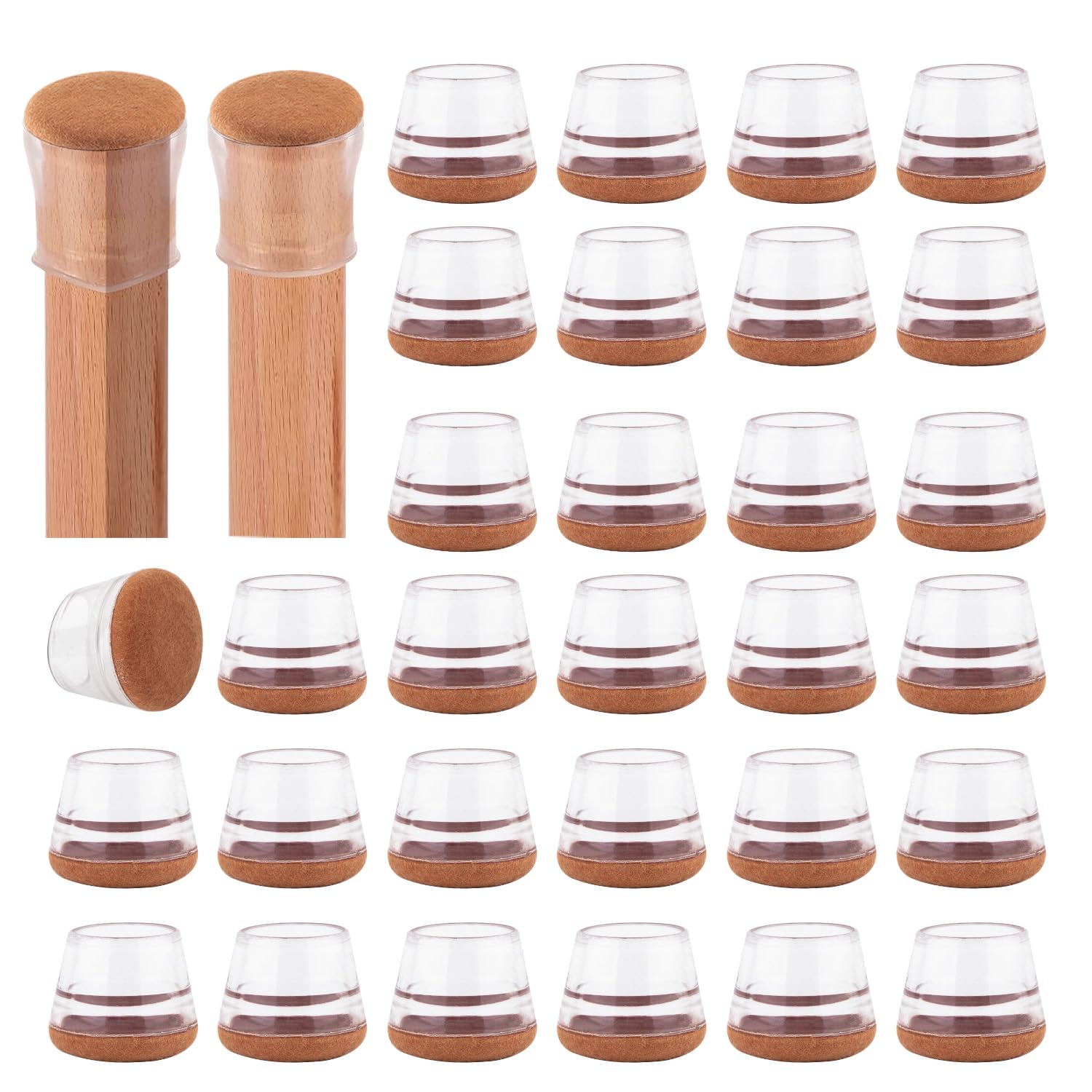 LESOLEIL 32 Pcs Chair Leg Floor Protectors, Silicone Chair Leg Covers Caps with Felt Pads, Transparent Small Round Protective Caps for Hardwood Floors/Tile from Scratches(Fit:22-30mm)