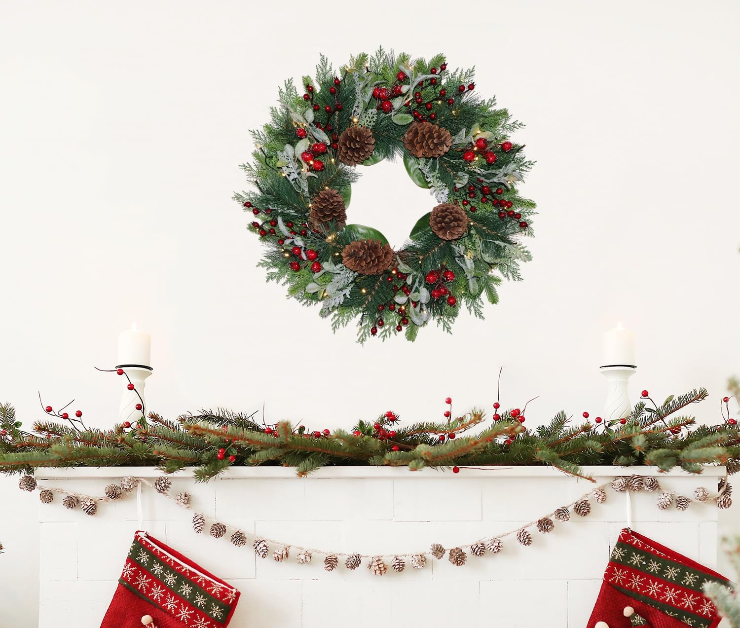 24” Lighted Large Pine Christmas Wreath with Red Berry– Mixed with Fake Norfolk Cypress Cedar Lamb Ear & Pinecone, Xmas Winter Wreaths for Front Door Porch Mantel & Fireplace (50 LED Lights)