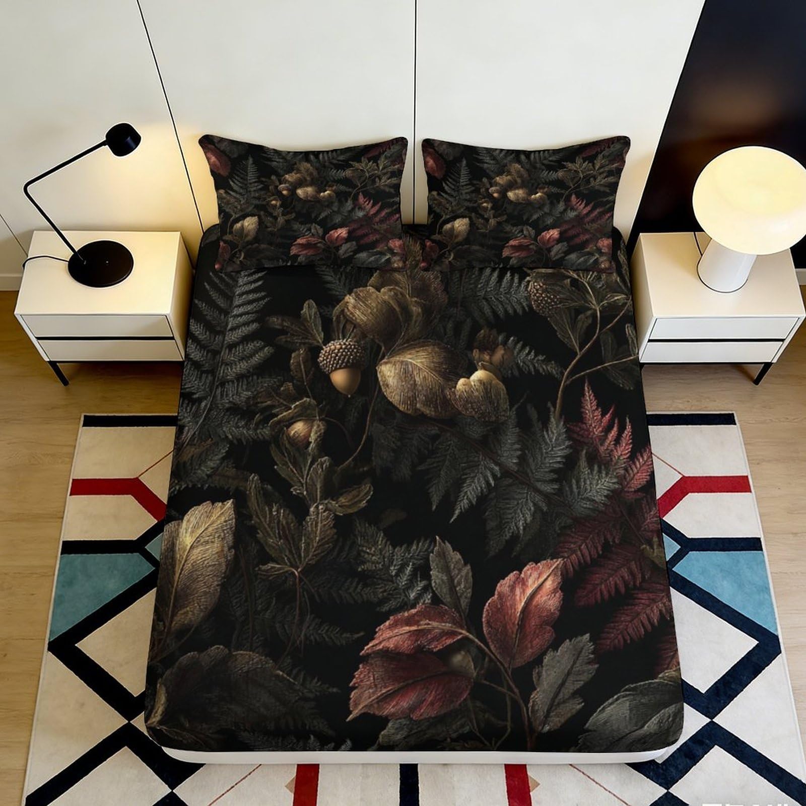 3D Printed Dark Botanical Fitted Sheet Microfiber Soft Bedroom Decor Autumn Leaves Mattress Cover for Adult Teen 90x200x25cm