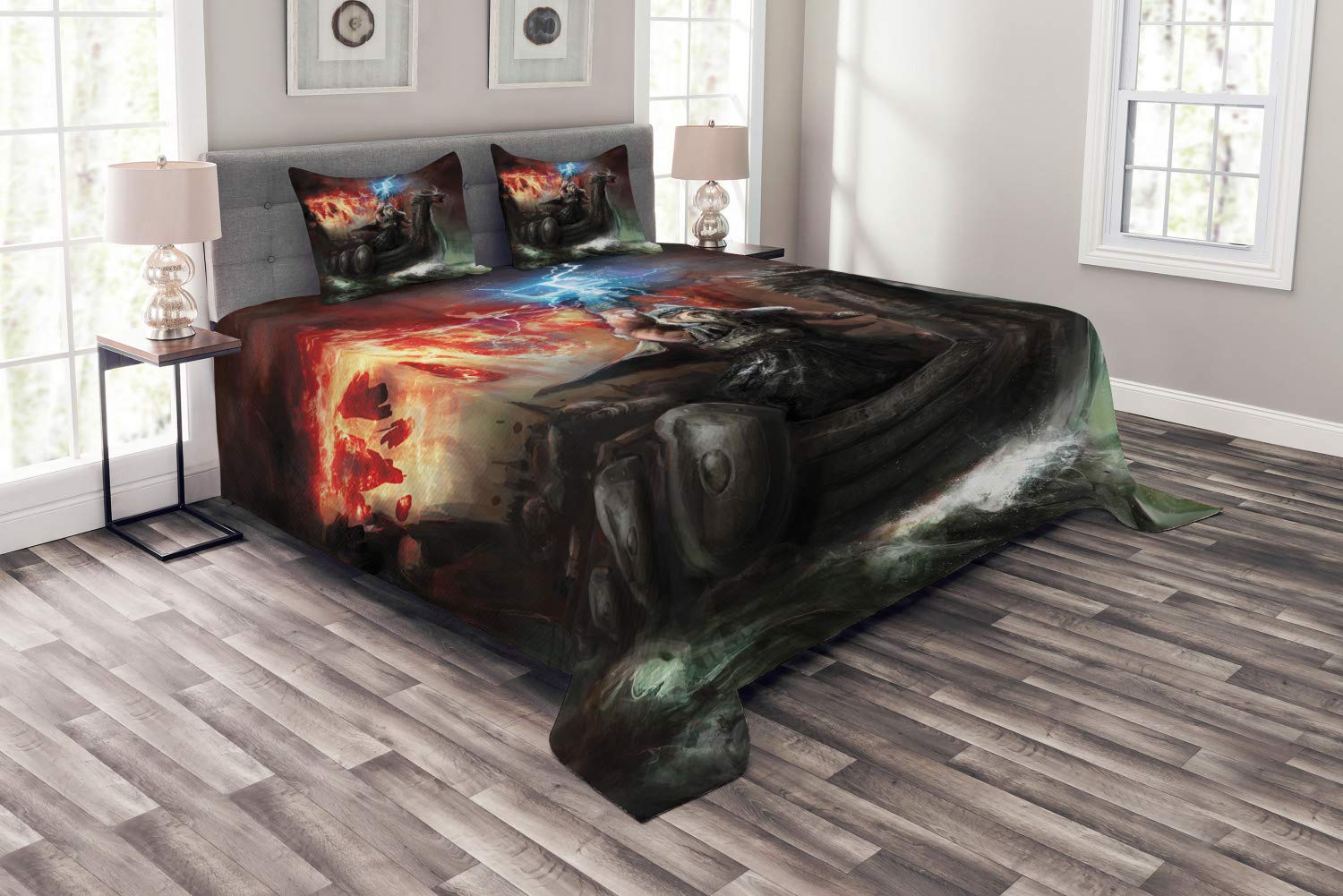 ABAKUHAUS Dragon Bedspread Set, Vikings Boat Stormy Sea, Decorative Quilted 3 Piece Coverlet Set with 2 Pillow Shams, Charcoal Red