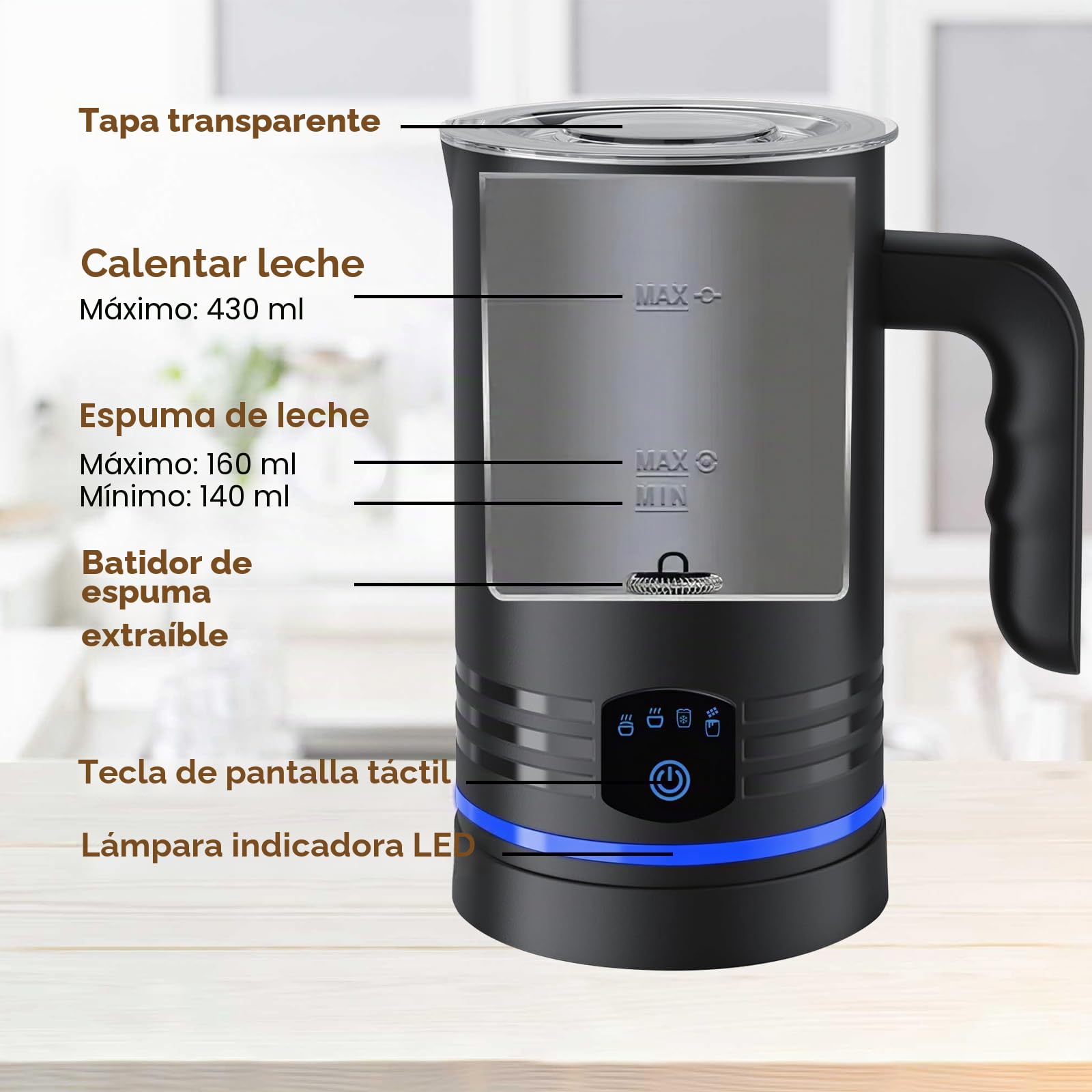 Espumador de Leche Eléctrico 4 en 1,600W Espumador Automático para Leche Caliente y Fría,430ML,Apagado Automático,Revestimiento Antiadherente,Silencioso,Capuchinos,Macchiato,Chocolate Caliente (Negro)