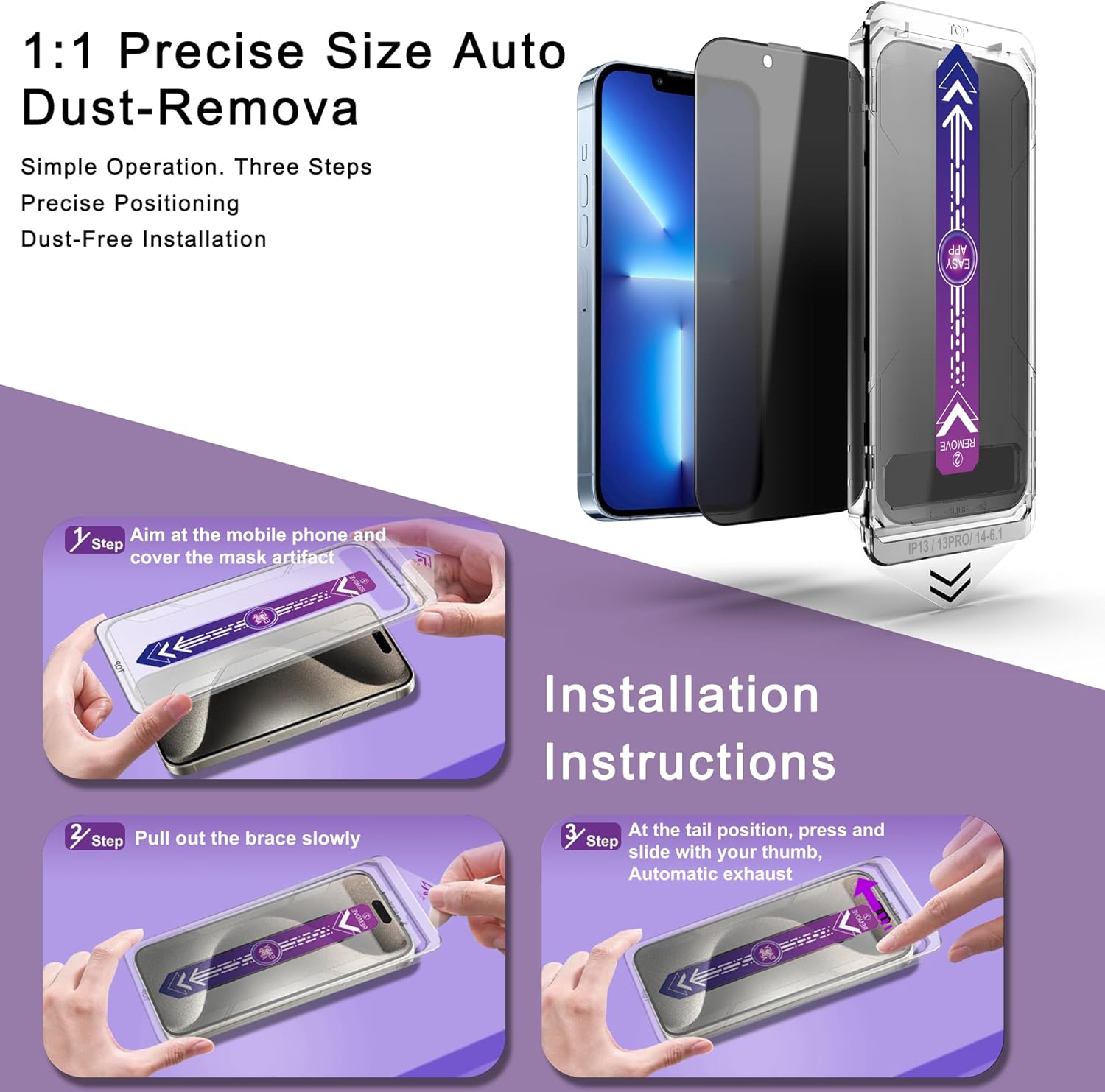 2-Pack Privacy Screen Protector for iPhone 16E/iPhone 14/iPhone 13 Pro/iPhone 13 6.1-Inch, Auto Dust Removal, No Bubbles,Anti-Spy Tempered Glass Film, Easy Installation