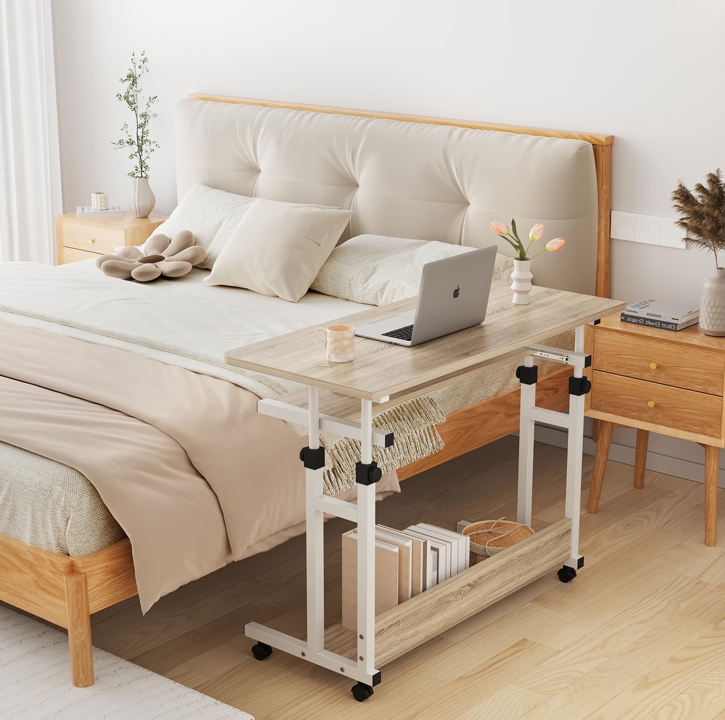 Dripex Escritorio de Altura Ajustable, Mesa de Ordenador con Ruedas, Escritorio pequeño sobre Ruedas, Mesa para portátil Que Ahorra Espacio, con Bandeja extraíble para Teclado y estantería, Mesa