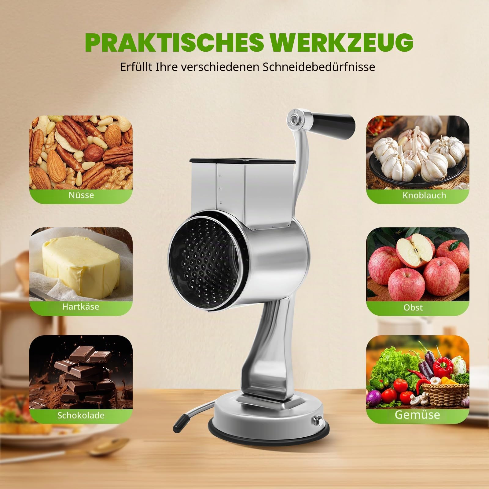 【5-Klingen】 Trommelreibe Edelstahl, Käsereibe mit Kurbel & Parmesanmühle | Manueller Gemüseschneider für gleichmäßige Stifte & Scheiben | Inkl. Saugfuß
