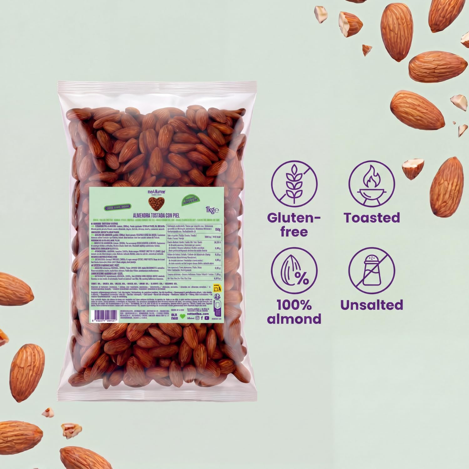 nut&me Almendras tostadas sin sal 1kg Sin gluten Keto Frutos secos Proteina vegana