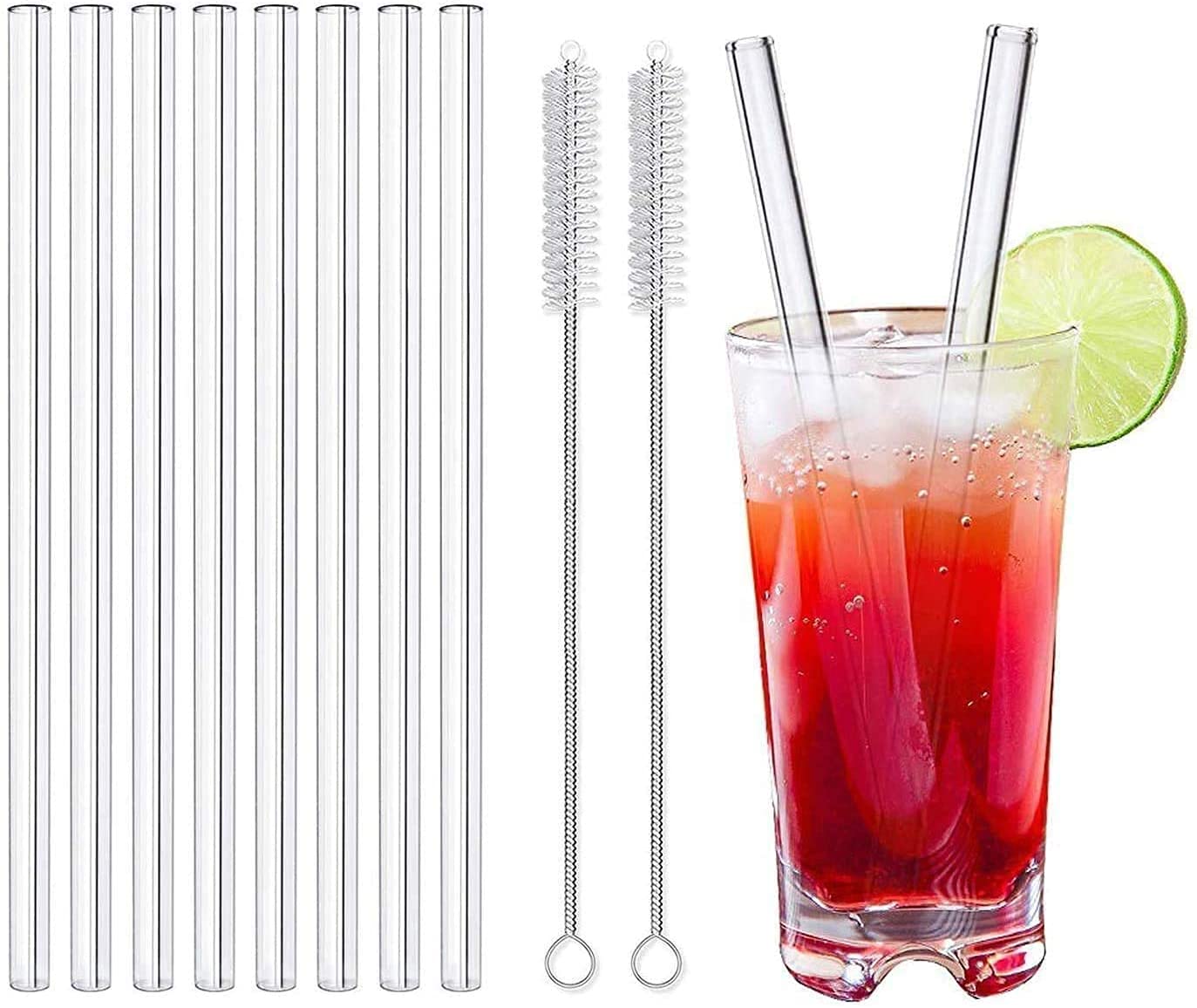 LessMo 8 Pcs 21,5cm Pailles en Verre Réutilisables - LFGB Certifiées Pailles en Verre Transparentes avec 2 Brosses de Nettoyage,