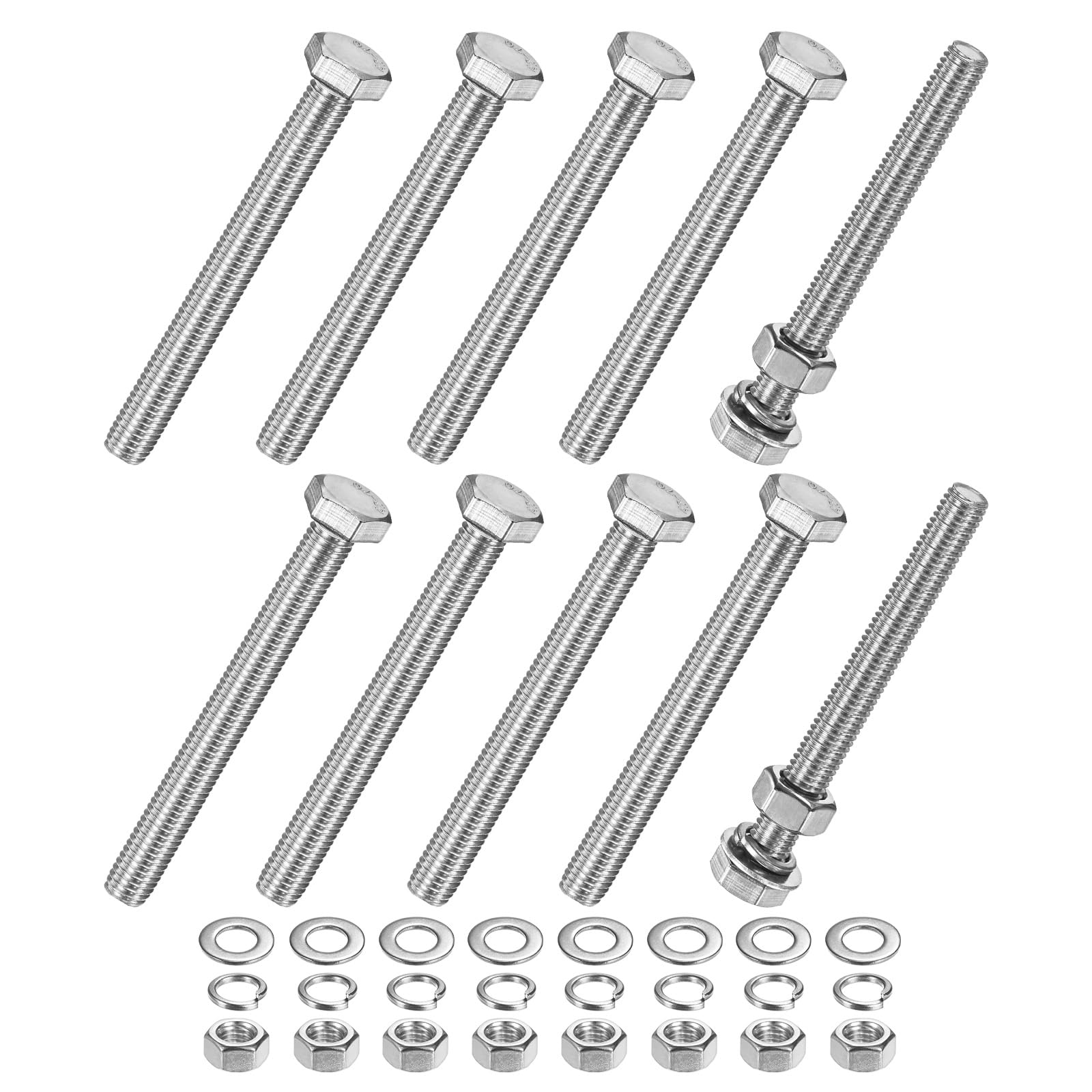 M METERXITY 10-Pack Hex Head Screw Bolt with Nuts Flat & Lock Washers M10x100mm Stainless Steel Bolts and Nuts Kit Fully Threaded Metric Bolt Assortment for Equipment/Machinery — image 1