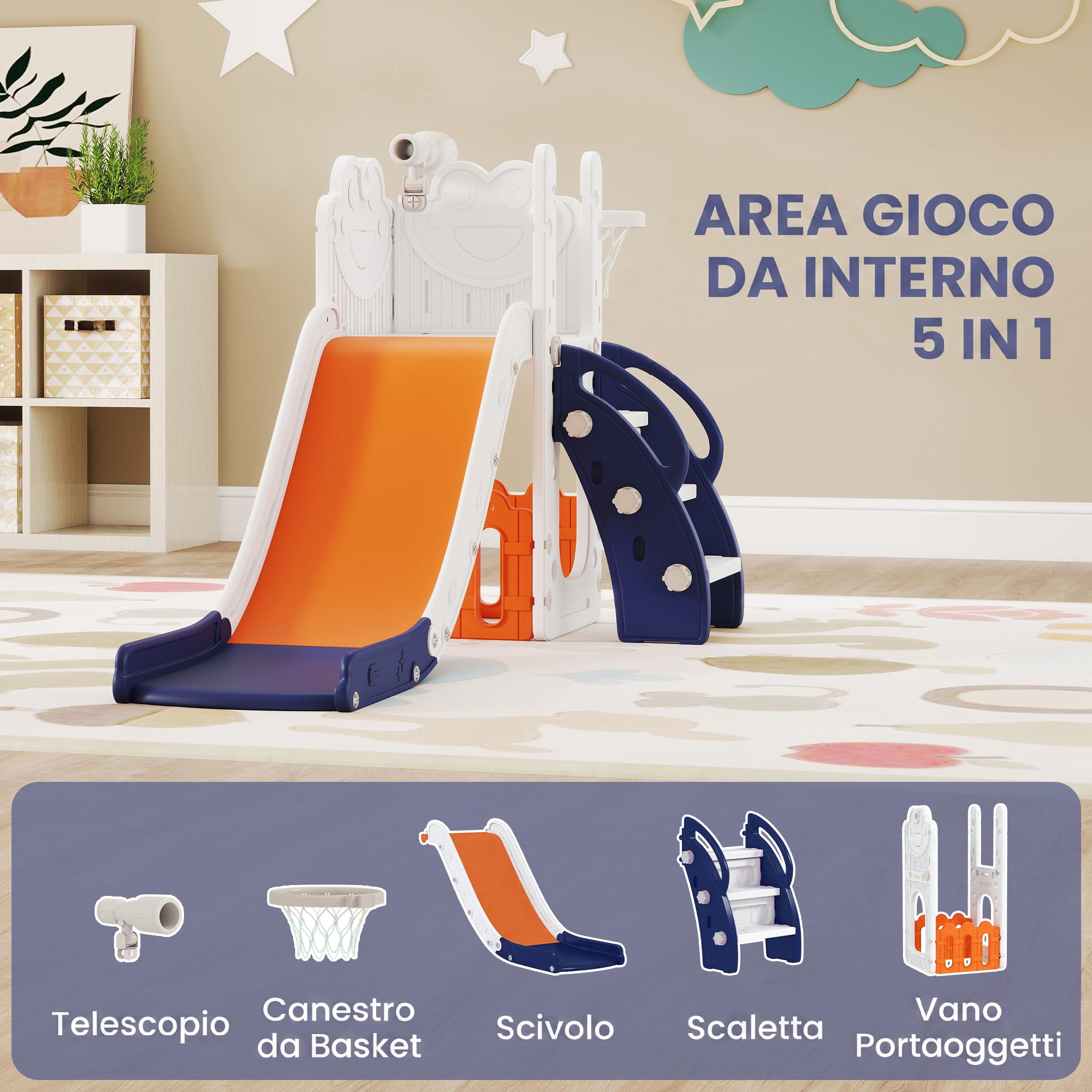 AIYAPLAY Set Scivolo per Bambini 5 in 1 con Canestro, 1-3 Anni Blu scuro | Scaletta, Telescopio Giocattolo e Contenitore, Giochi per Bambini da Interno ed Esterno