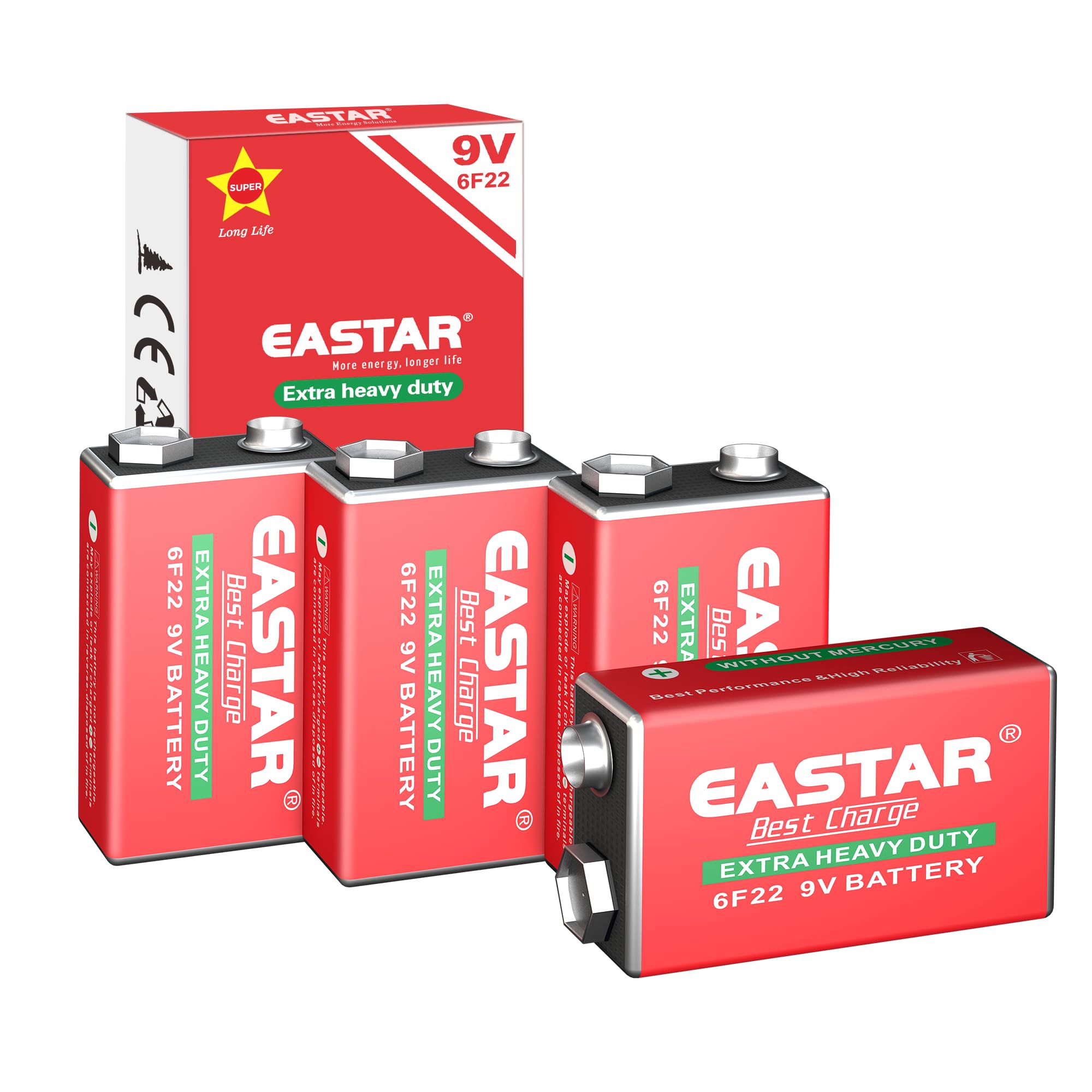 EASTAR BTS 9V Carbon Zinc Batteries – 4 Pack 6F22 9 Volt Battery for Smoke Detectors, Long-Lasting Power, Extra Heavy Duty Batteries for Household Devices