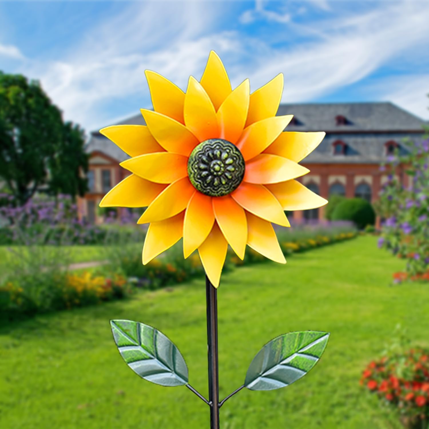 Sunflower Wind Spinner Outdoor Decor, 9.8 × 45.7 inch Metal Wind Sculptures with Stake, Outdoor Spinning Iron Windmill for Yard Garden Lawn Patio (Yellow)