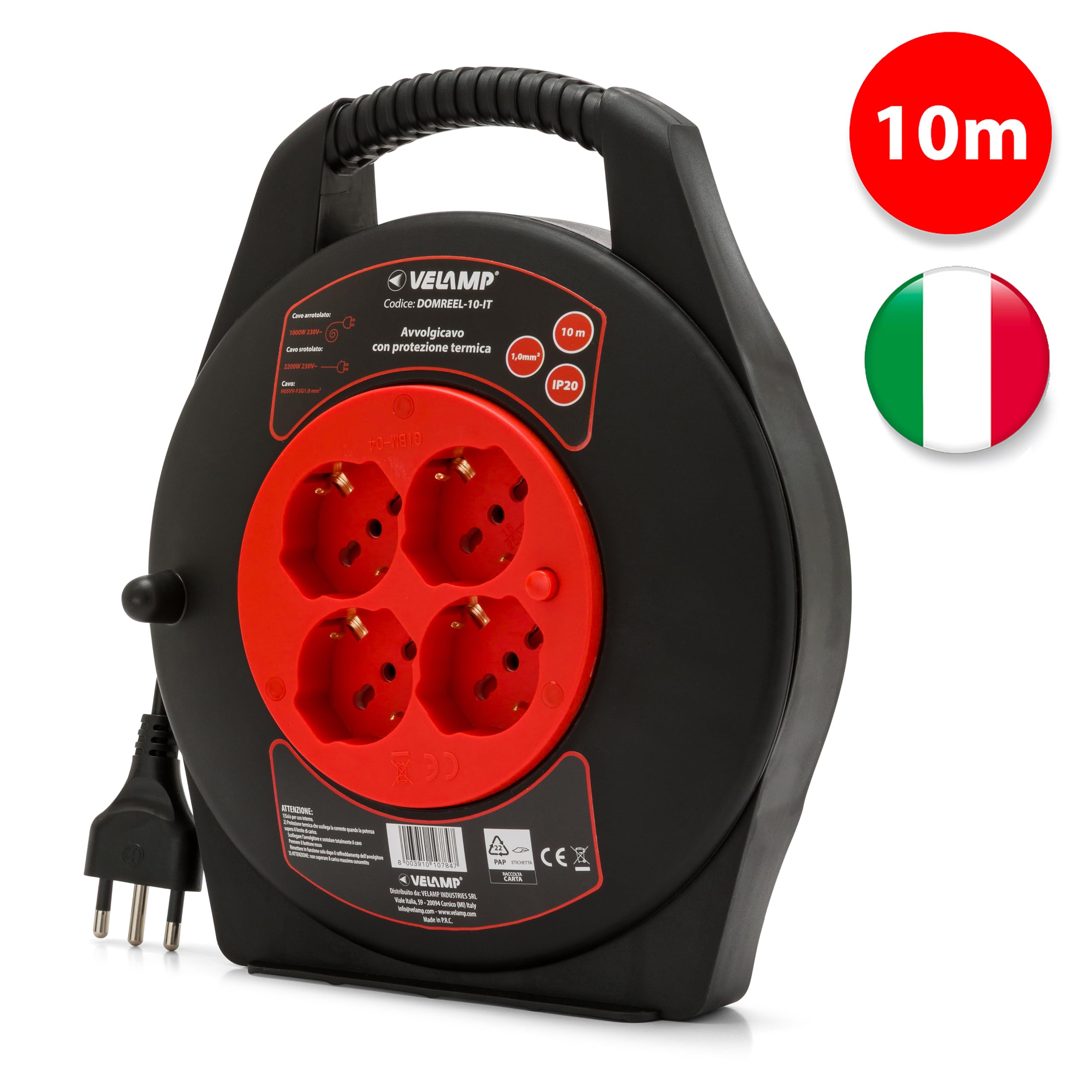 VELAMP - Prolunga Elettrica 10 Metri con Avvolgicavo Elettrico e Presa Multipla (4 Prese Schuko + 10/16A), Spina Grande 16A, Interruttore di Sicurezza – Cavo Elettrico Multipolare 3G Sezione 1,0 mm²