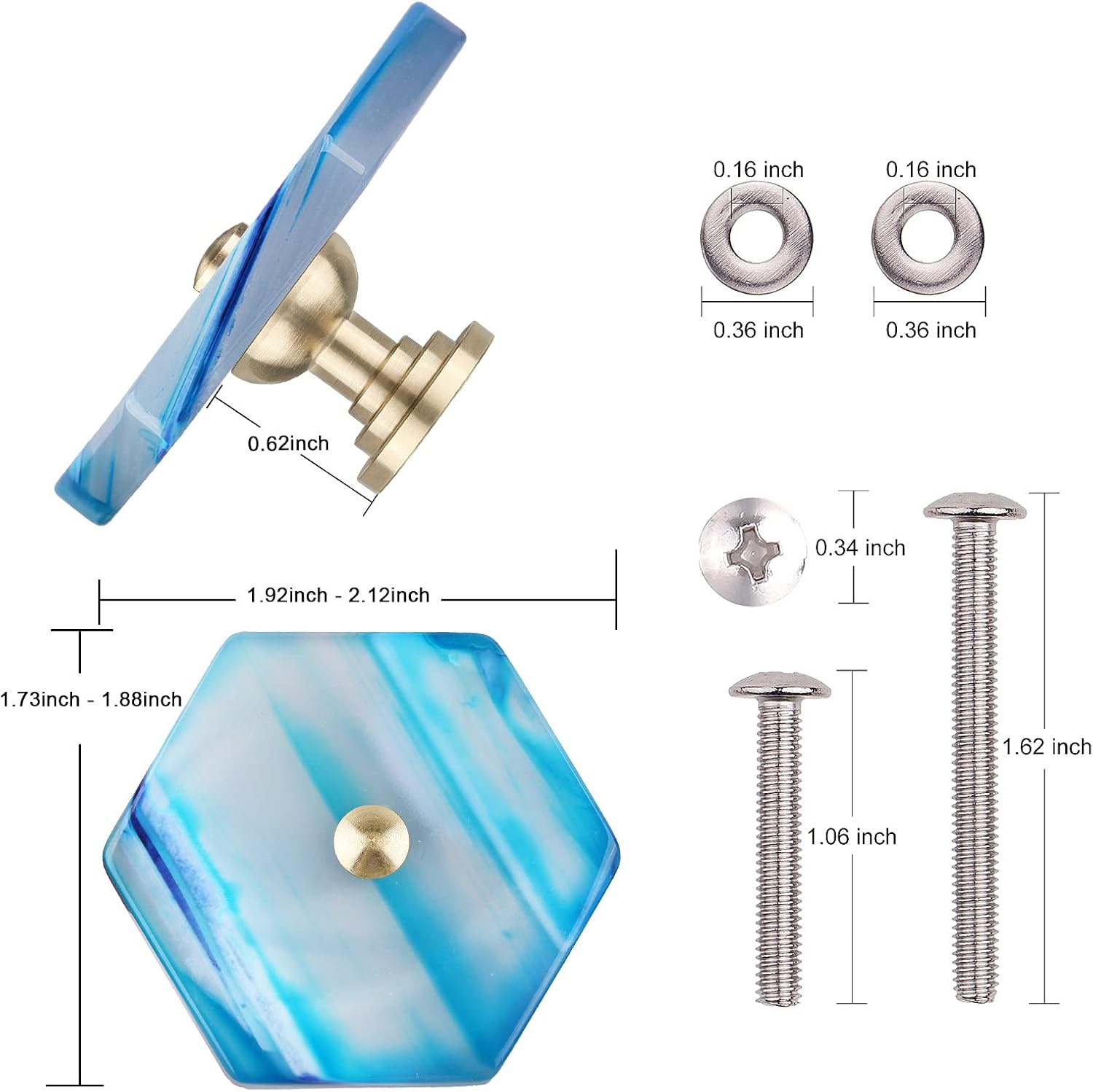 Nupuyai 2pcs Agate Slice Cabinet Knobs with Screws, Hexagonal Stone Decorative Drawer Pulls Handle for Dresser Cupboard Wardrobe Blue - Image 3