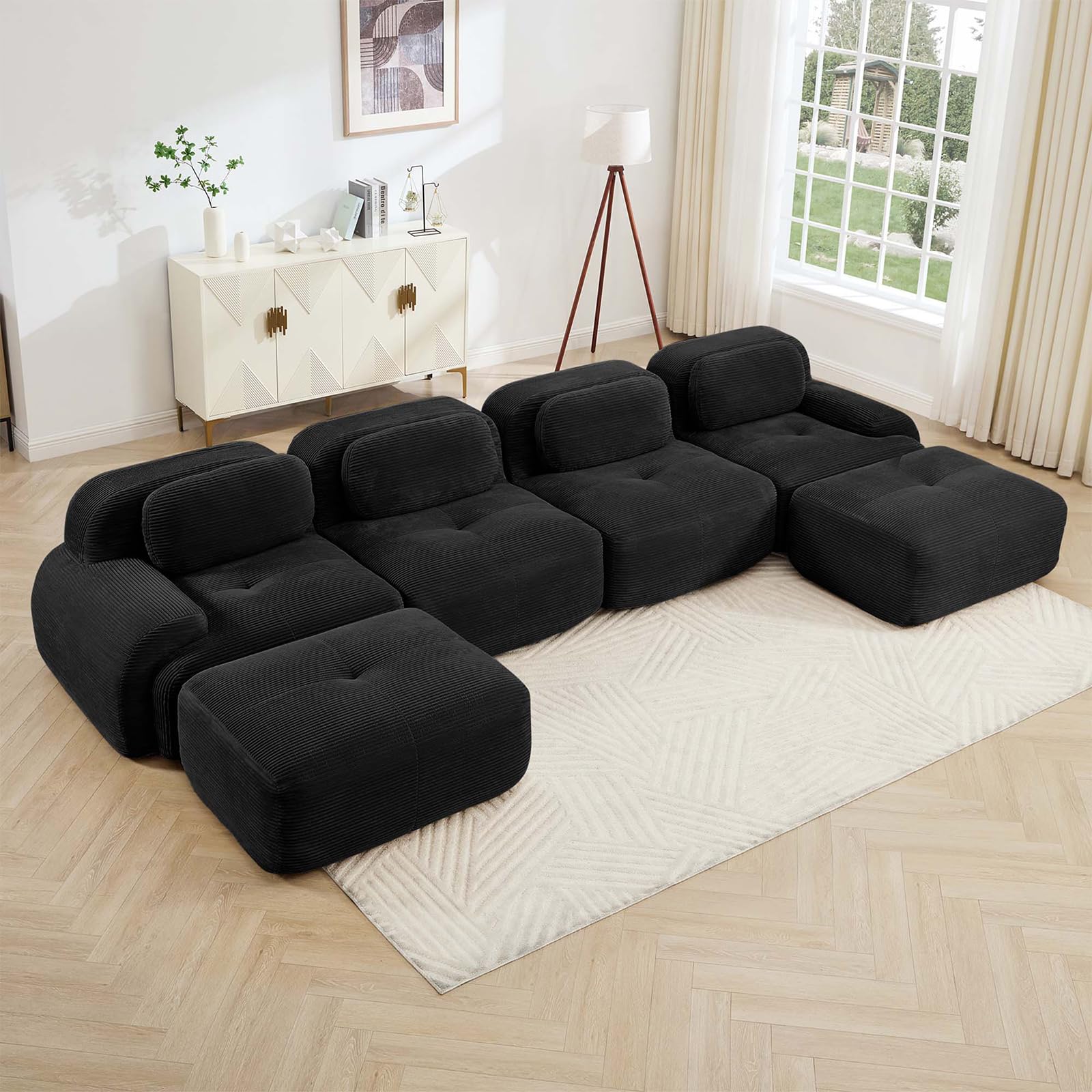 152" Modern Compressed Boneless Couch with Ottoman, 4 Seater Large U Shaped Sectional Couches for Living Room, Black Corduroy Cloud Modular Sectional