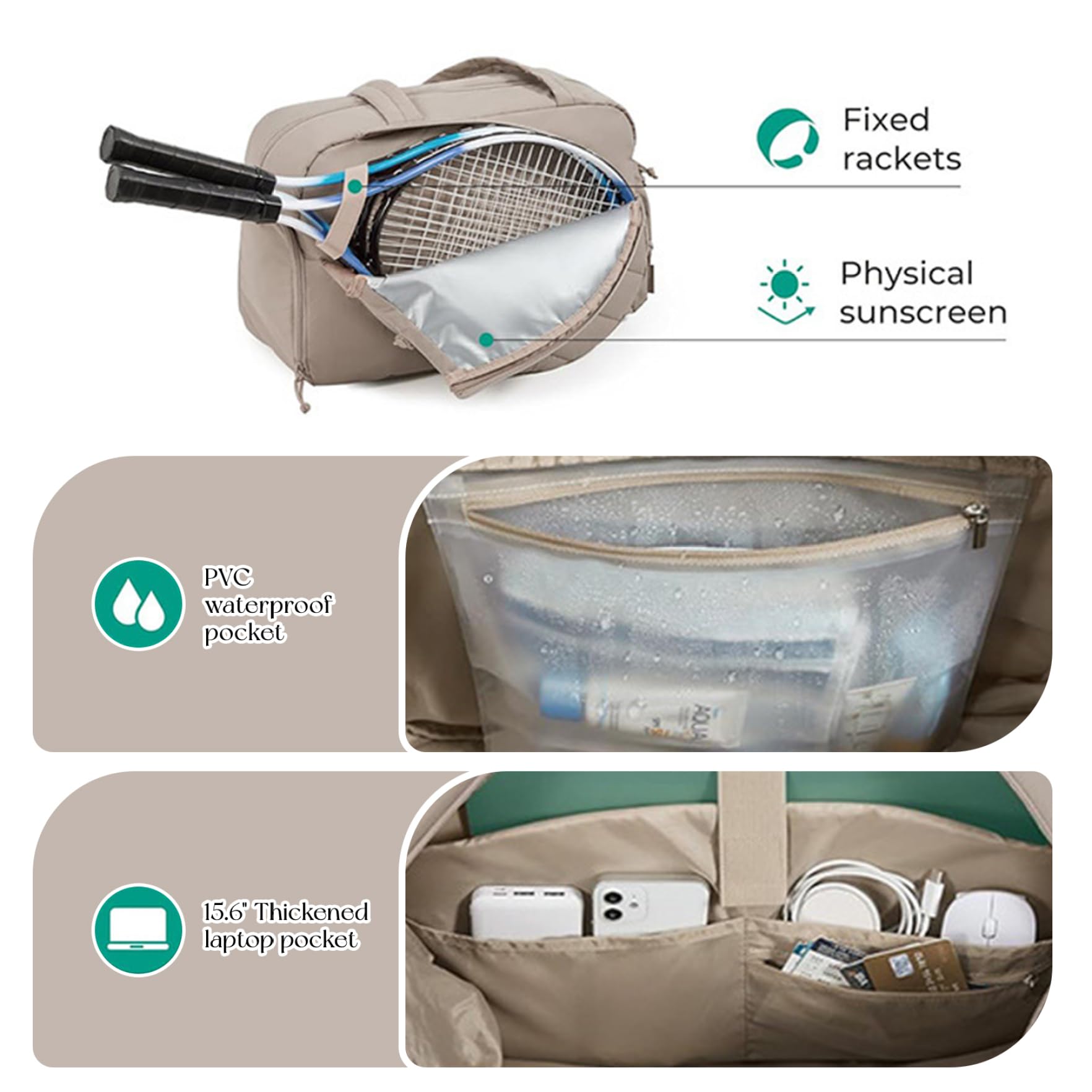 Sac de Raquette de Tennis Multifonctionnel pour Femmes, 2 Raquettes avec Compartiment à Chaussures et Poche Humide