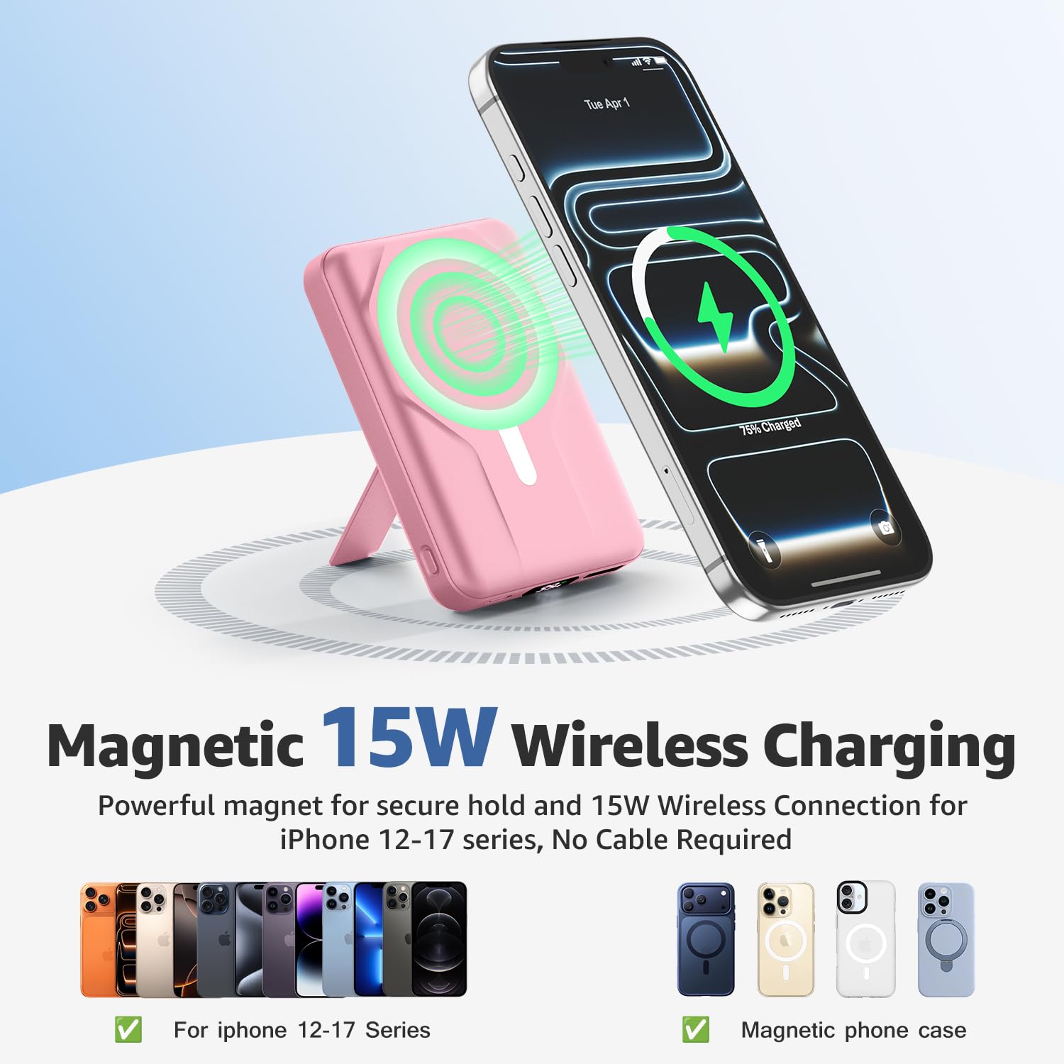 Azmuth para Magsafe Power Bank, 10000mAh Magnético Bateria Externa Carga Rapida 15W,Powerbank con Soporte Plegable Pantalla LED USB-C 20W y USB-A 22.5W para iPhone 17/16/15/14/13/12 Serie Rosado
