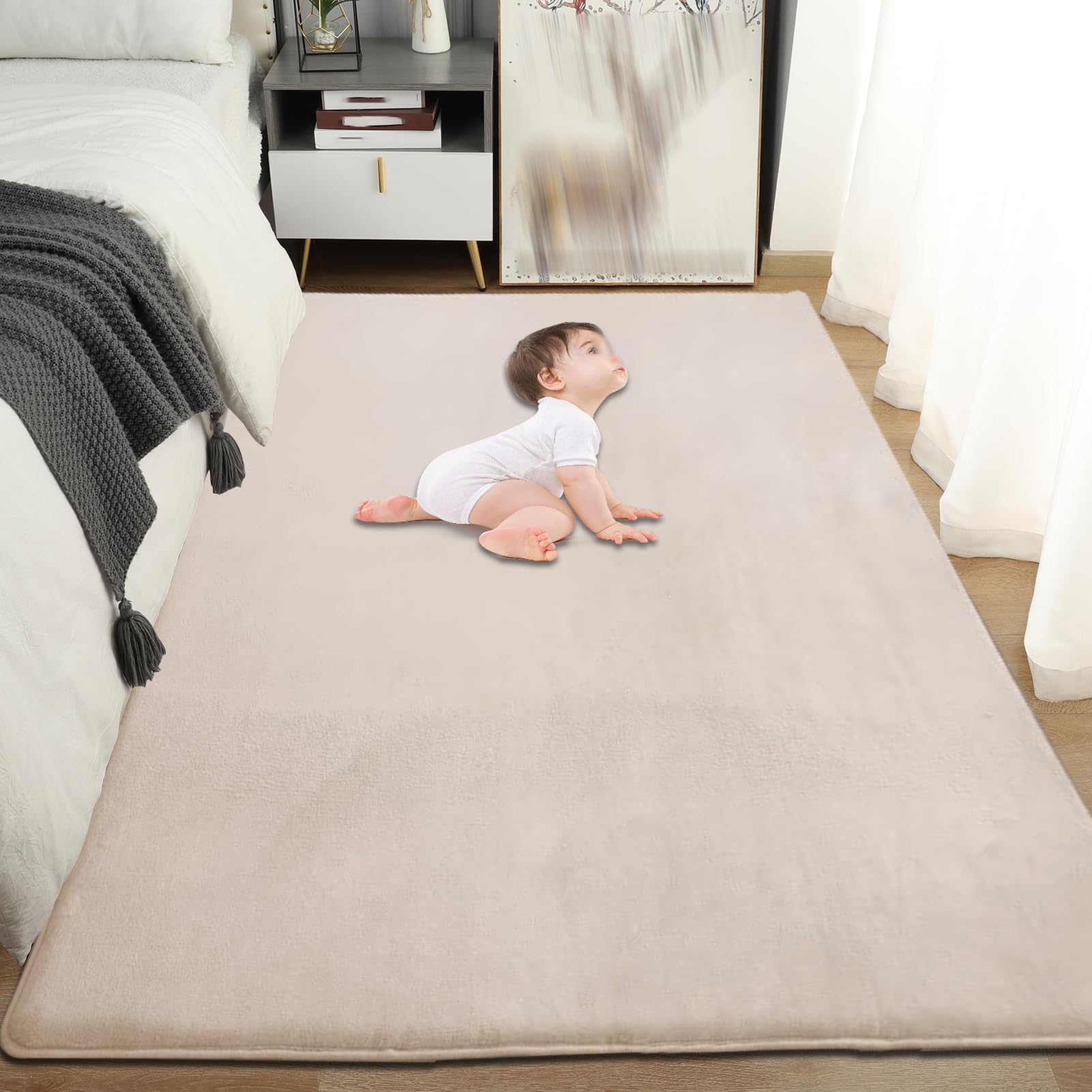 Tappetino da Gioco per Bambini in Velluto di Corallo Spesso 3 cm, 160 x 230 cm Marrone Chiaro Tappetino per Bambini Antiscivolo Tappeto for Gattonare e Giocare per Pavimento per Bambini e Neonati