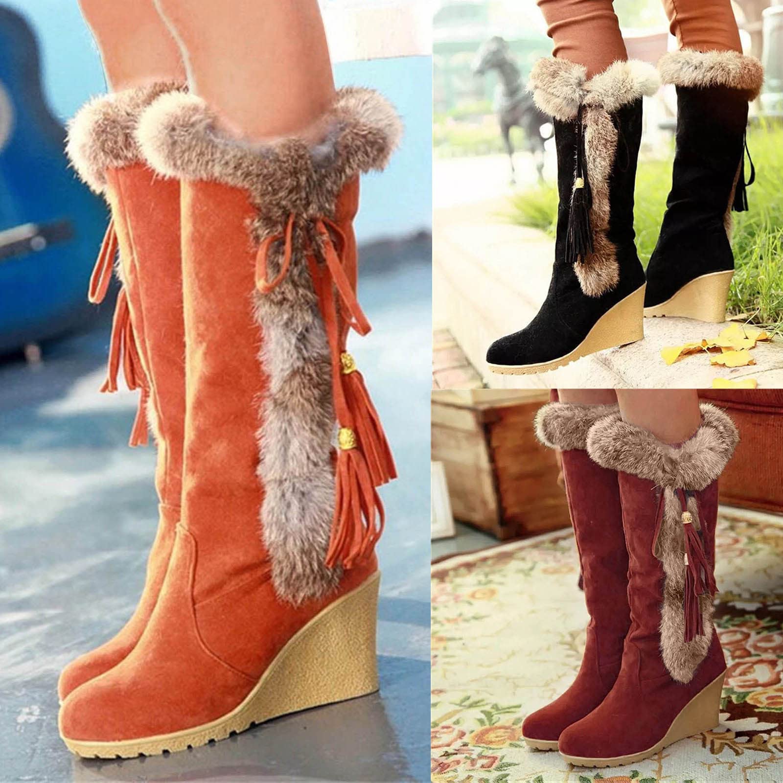 Generisch Botas de invierno para mujer, forradas, cuña, botas altas hasta