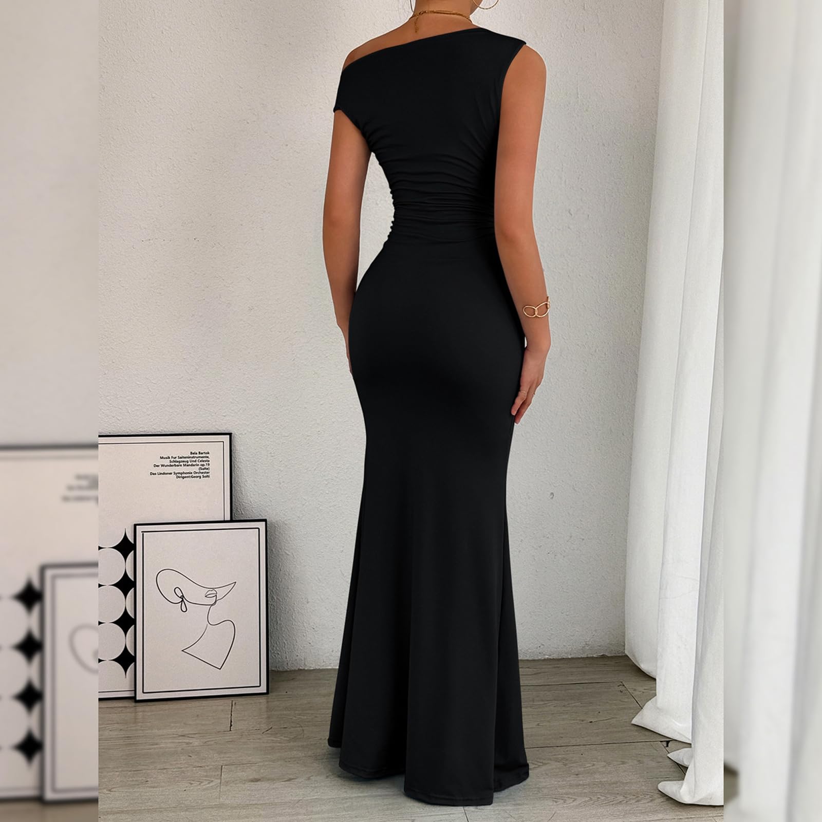 Robe Femme Sexy sans Manches Une Épaule Robes Longue Moulante Elégant Bodycon Maxi Robe de Soirée D'éte Décontracté Plissée Couleur Unie Wrap Robes pour Clubbing Cocktail Prom Fête
