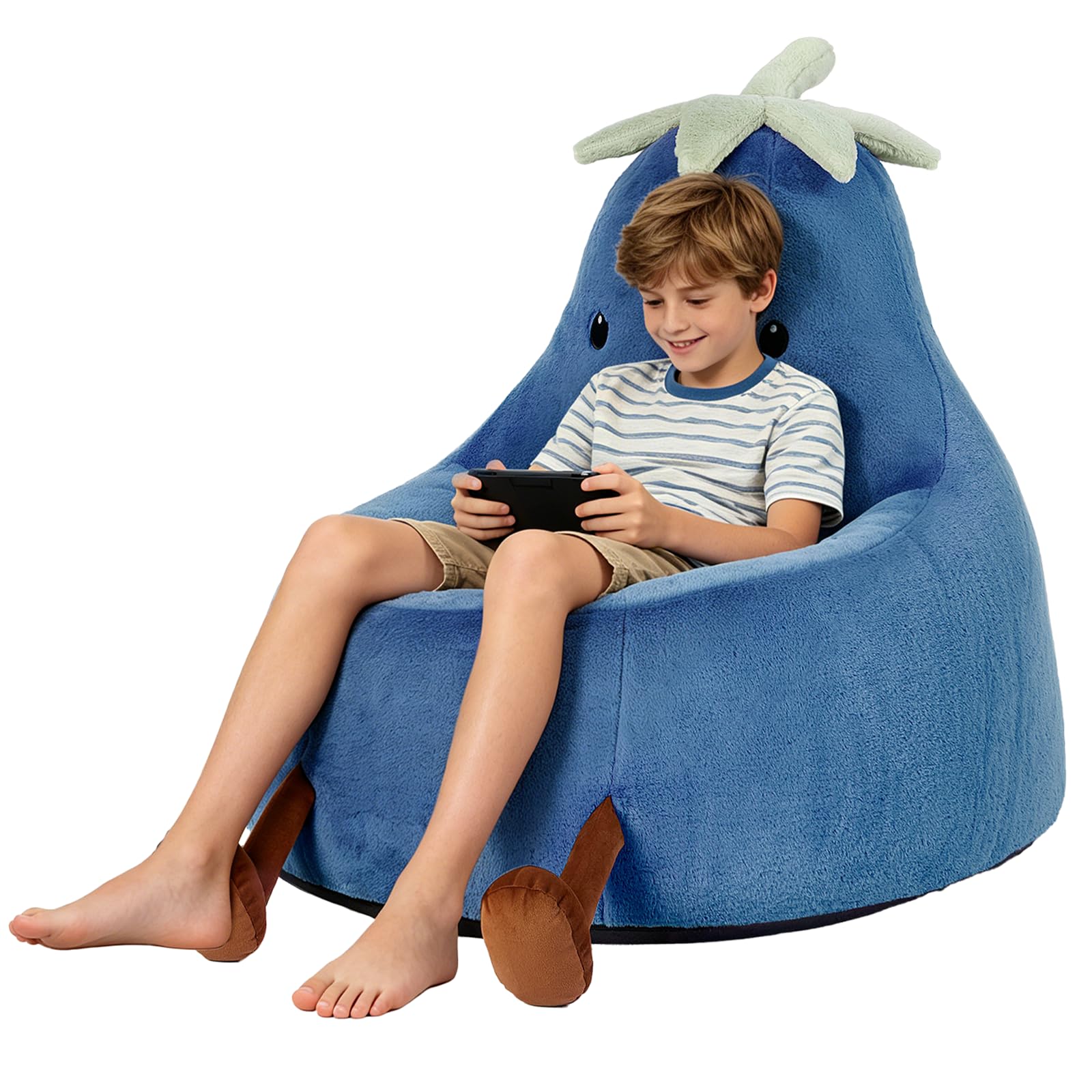 31 Inches Memory Foam Bean Bag Chair - Ultra Soft Faux Rabbit Fur Round Sofa with Handle &amp; Machine Washable Cover, Eggplant-Shaped Kids Reading Chair for Bedroom, Living Room and Playroom, Navy