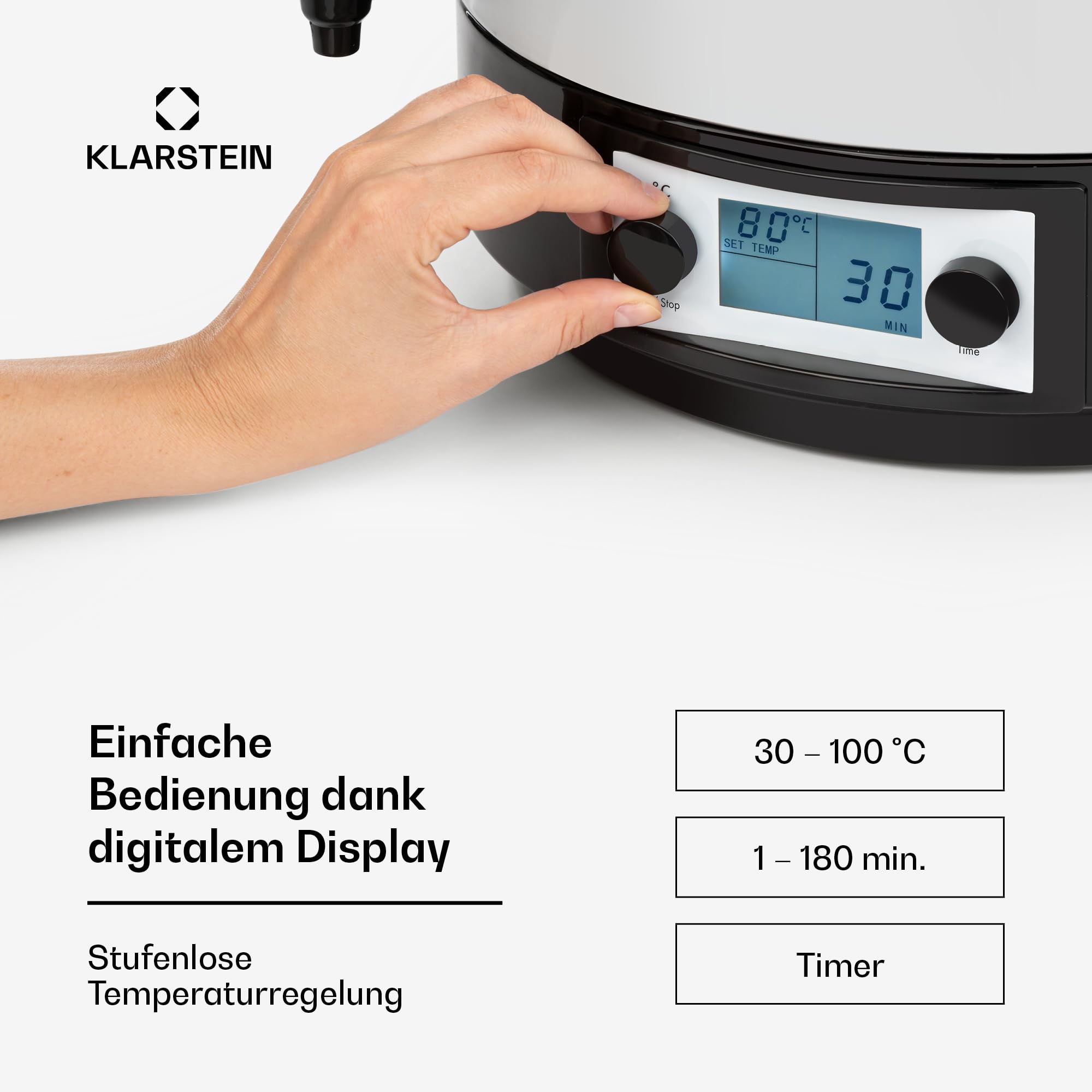 Klarstein KonfiStar 40 Digital Einkochautomat Einkochtopf Einkocher Heißgetränkespender, 40 Liter, 2500 Watt, 30-100 °C, Timer, Warmhalte-Funktion, Deckel mit Verschluss, Edelstahl poliert