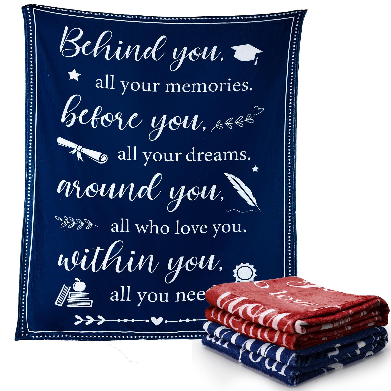 Moukeren 2 Pack 2024 Graduation Gifts for Her Him, Inspirational Gift for Graduates, Daughter, Friends Before You All Your Dreams Behind You All Memories Blankets 50 x 60 in(Dark Blue, Wine Red)