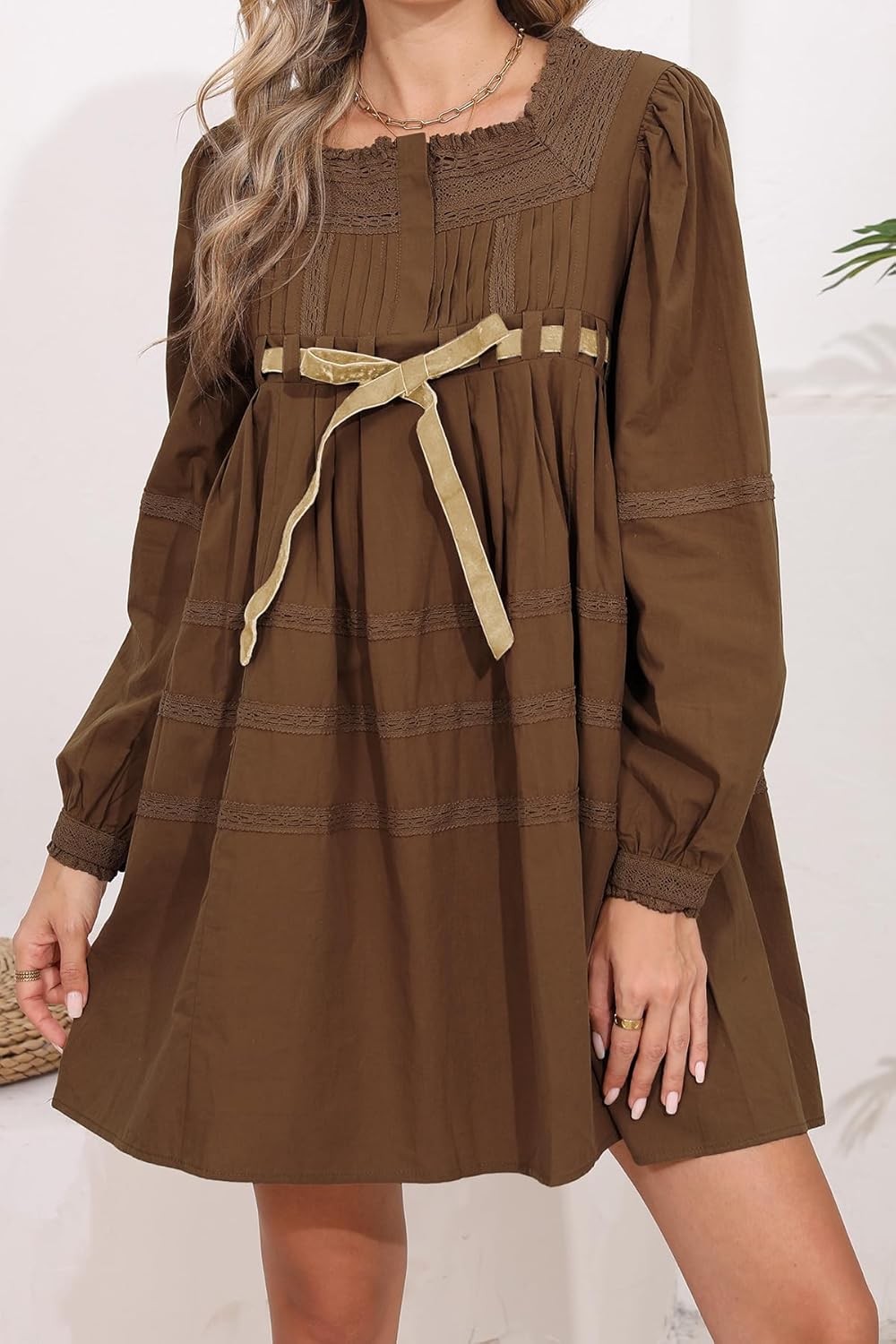 D-Sun Women Babydoll Dress Long Puff Sleeve Square Neck Lace A-Line Flowy Mini Dress Tie Embroidered Ruffled Y2K - Image 4