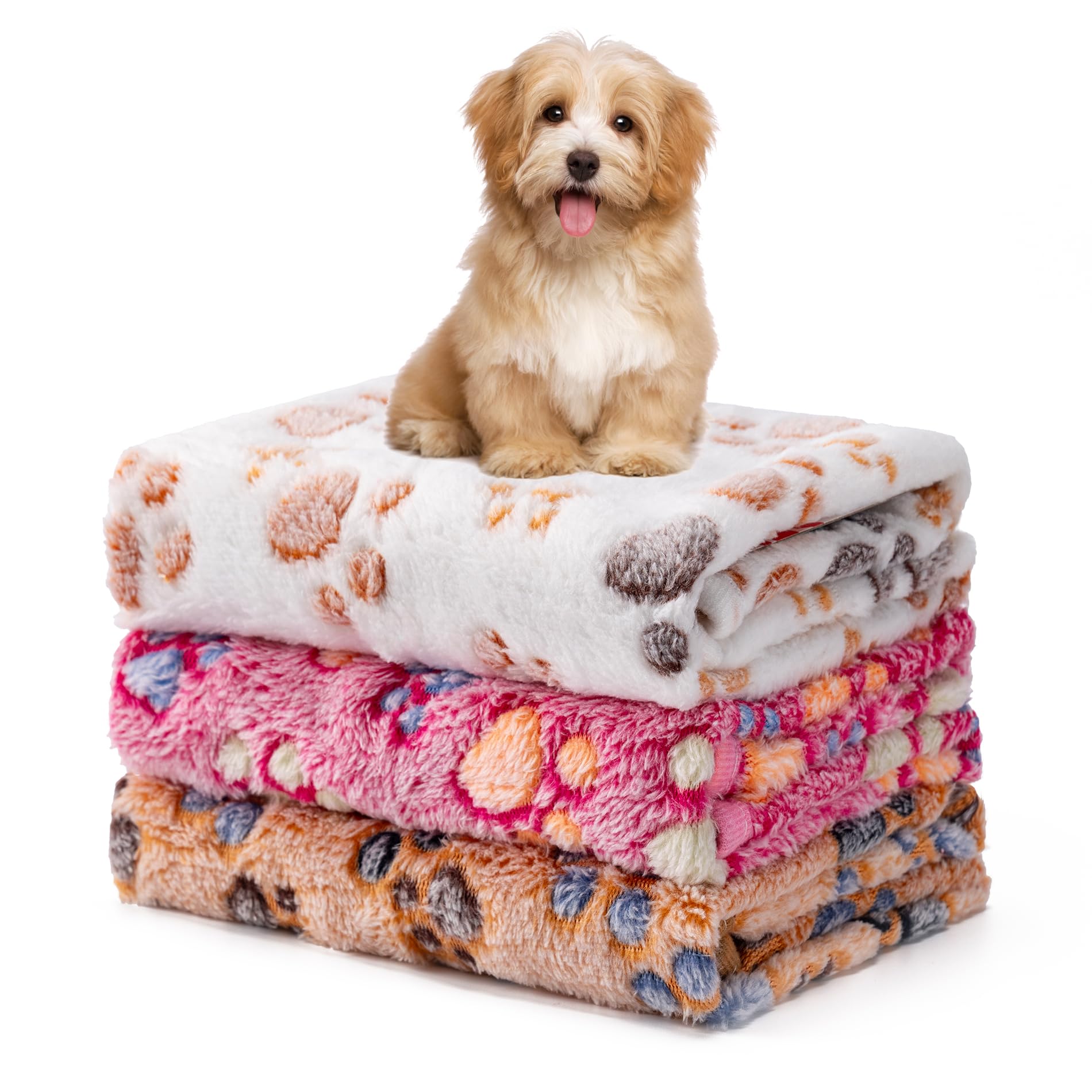 Photo 1 of 1 Pack 3 Blankets Fluffy Premium Fleece Soft Pet Blanket Flannel Throw for Cat Dog Puppy (Small 23x16'', Paw-White/Pink/Brown)
